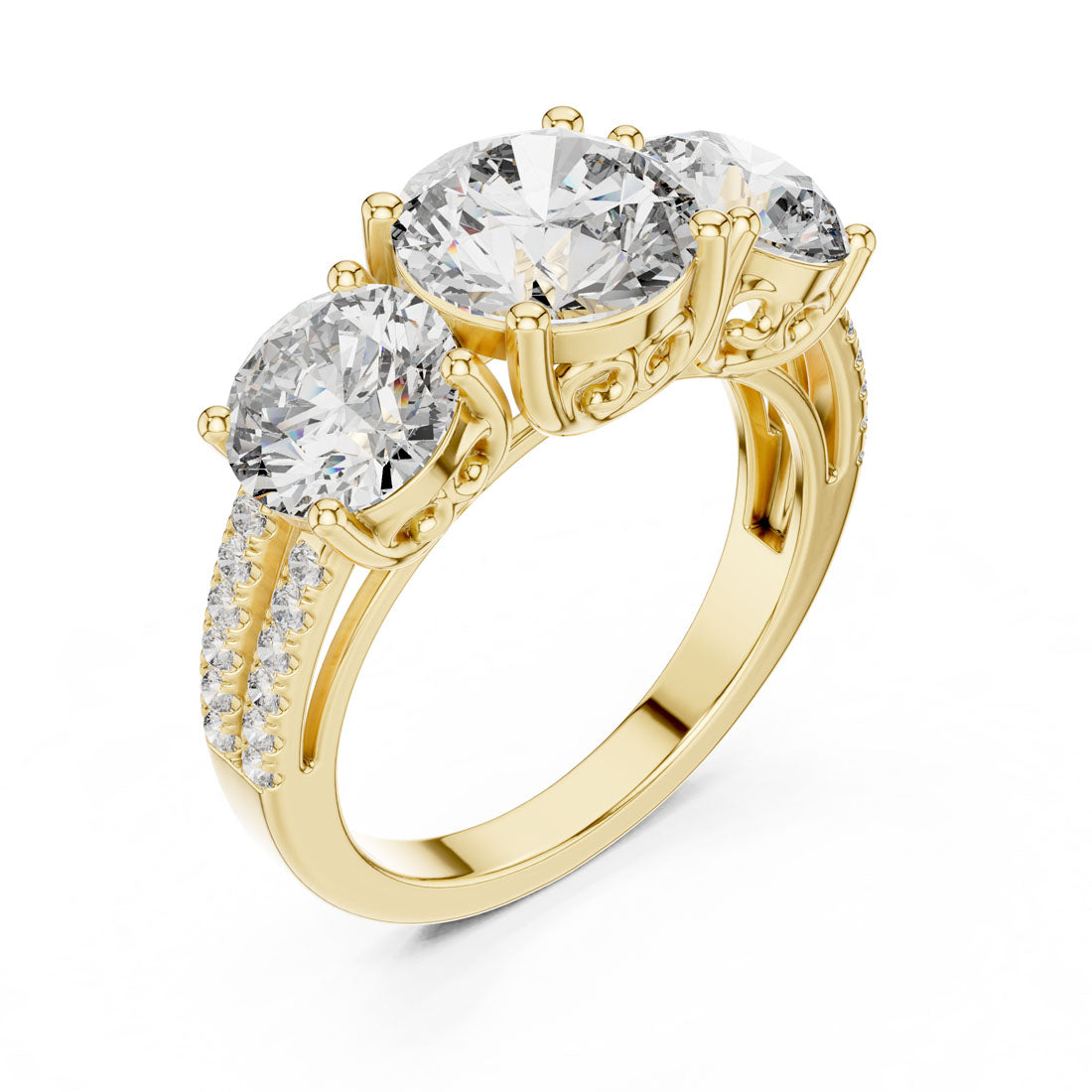 4.19 Ct. Three-Stone Round Diamond Scroll Gallery Ring (9#10052L)