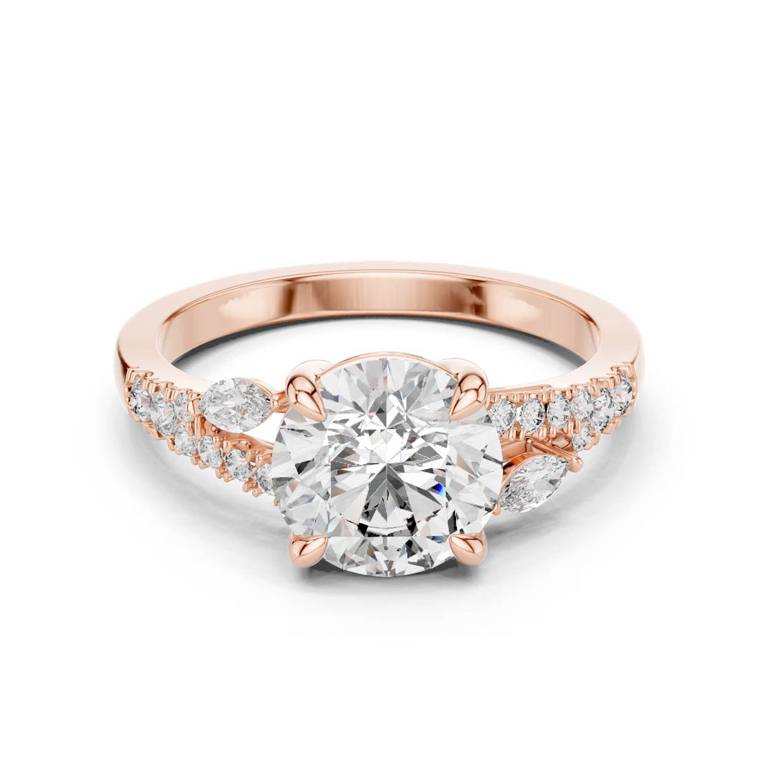 2.27 Ct. Round Diamond Engagement Ring with Twisted Pavé Band and Marquise Side Diamonds (DDLR-015) 3