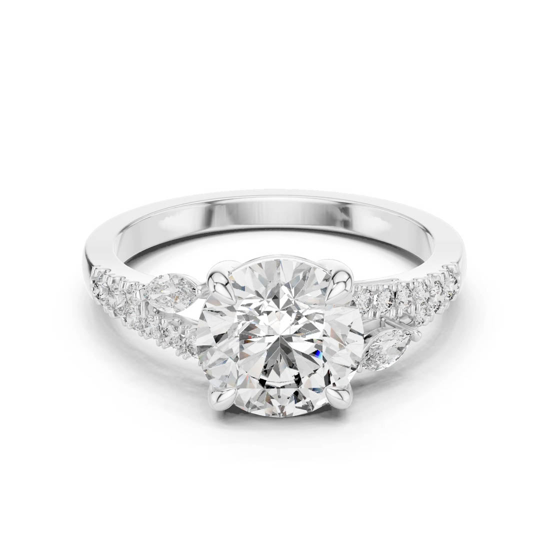 2.27 Ct. Round Diamond Engagement Ring with Twisted Pavé Band and Marquise Side Diamonds (DDLR-015)