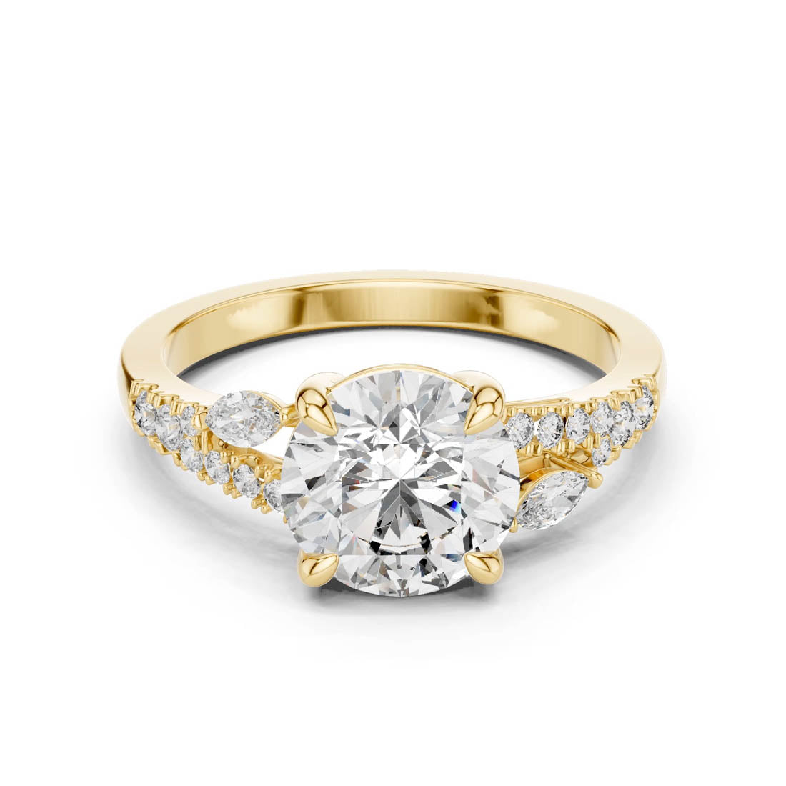 2.27 Ct. Round Diamond Engagement Ring with Twisted Pavé Band and Marquise Side Diamonds (DDLR-015)