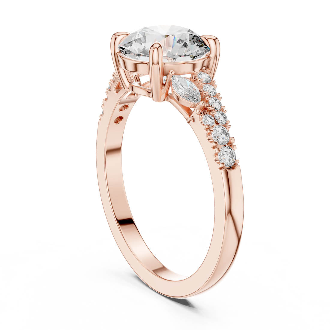 2.27 Ct. Round Diamond Engagement Ring with Twisted Pavé Band and Marquise Side Diamonds (DDLR-015) 12