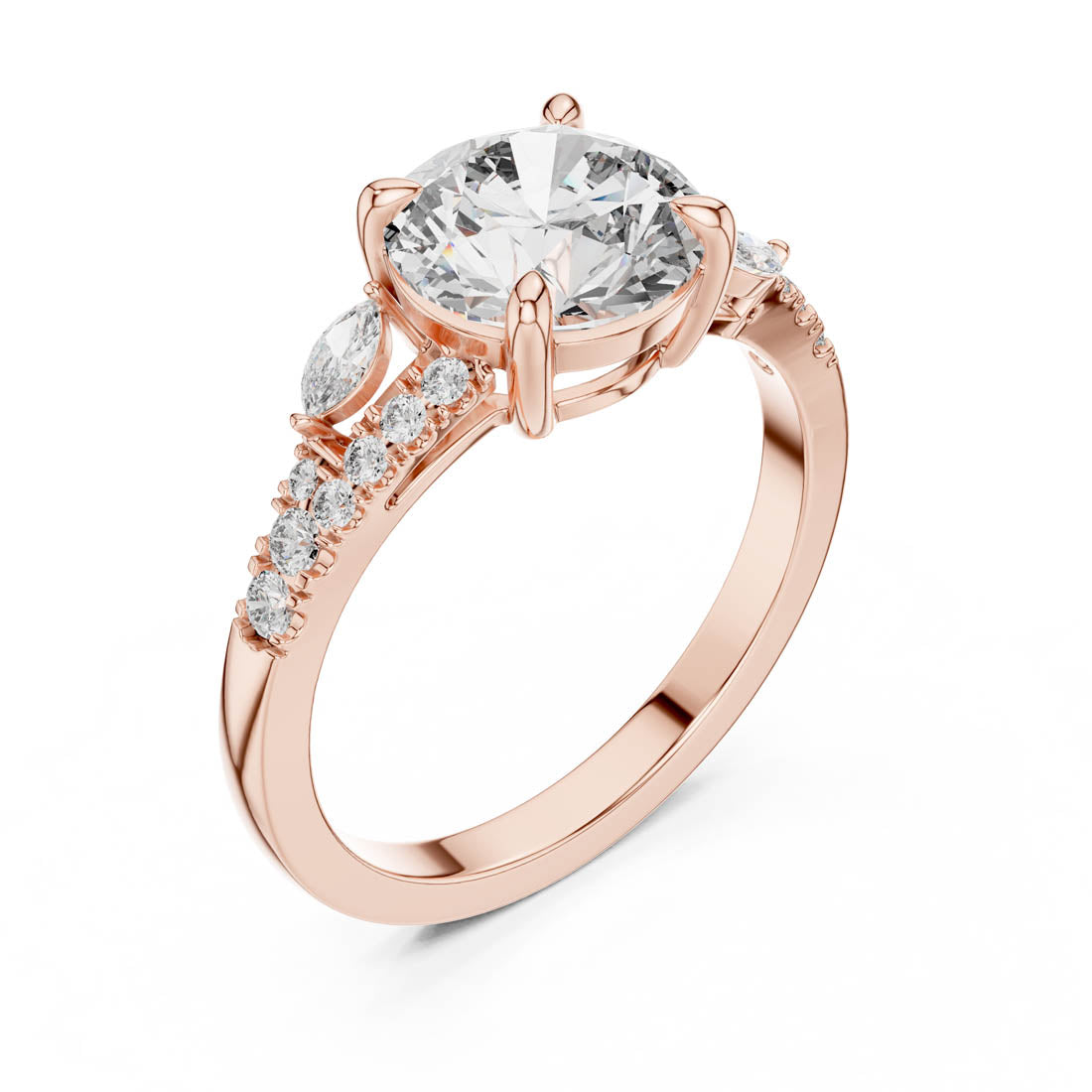 2.27 Ct. Round Diamond Engagement Ring with Twisted Pavé Band and Marquise Side Diamonds (DDLR-015) 9