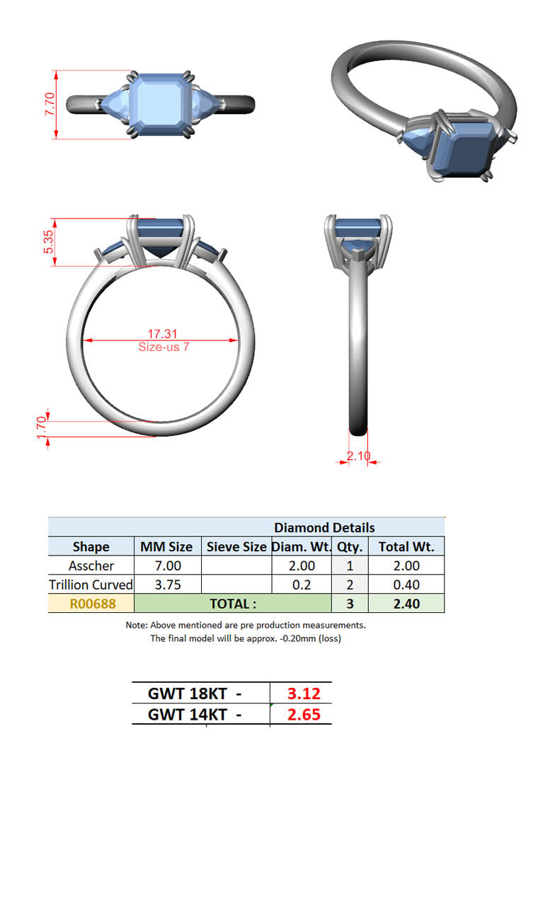 2.40 Ct. Asscher Cut Diamond Three-Stone Ring with Trillion Side Stones (DDLR-033-AC) 13