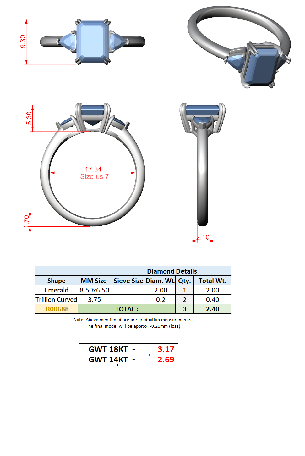 2.40 Ct. Emerald Cut Diamond Three-Stone Ring with Trillion Side Stones (DDLR-033-EM) 13