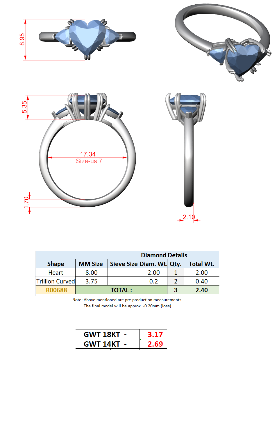 2.40 Ct. Heart-Shaped Diamond Three-Stone Ring with Trillion Side Stones (DDLR-033-HR) 13