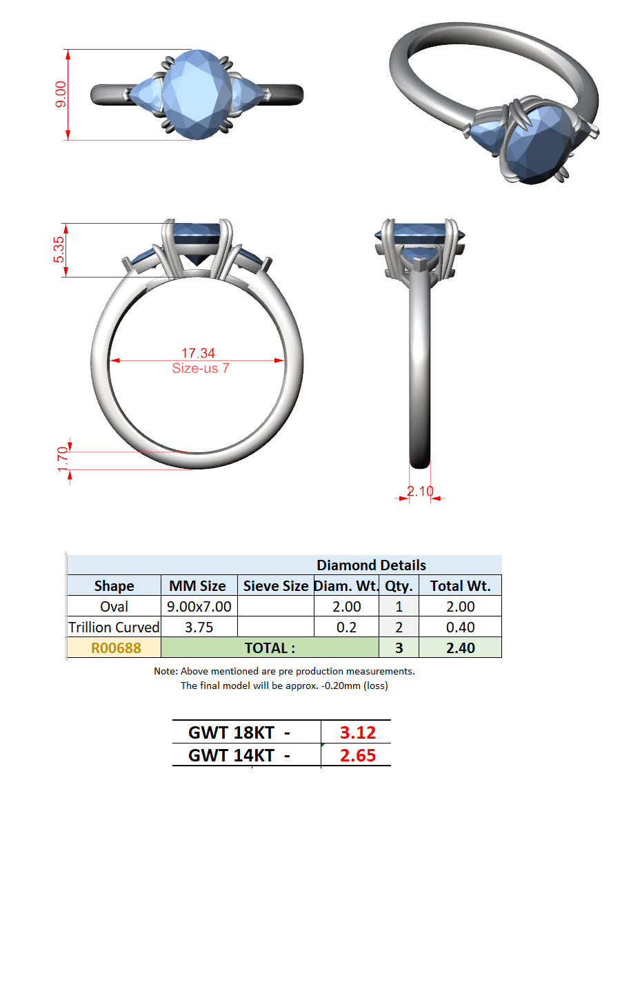 2.40 Ct. Oval Diamond Three-Stone Ring with Trillion Side Stones (DDLR-033-OV) 13