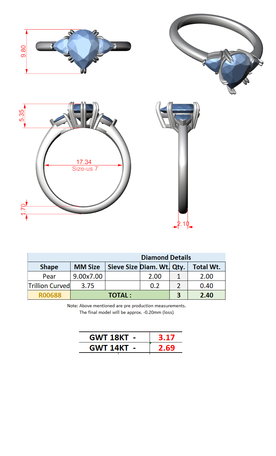 2.40 Ct. Pear-Shaped Diamond Three-Stone Ring with Trillion Side Stones (DDLR-033-PE) 13