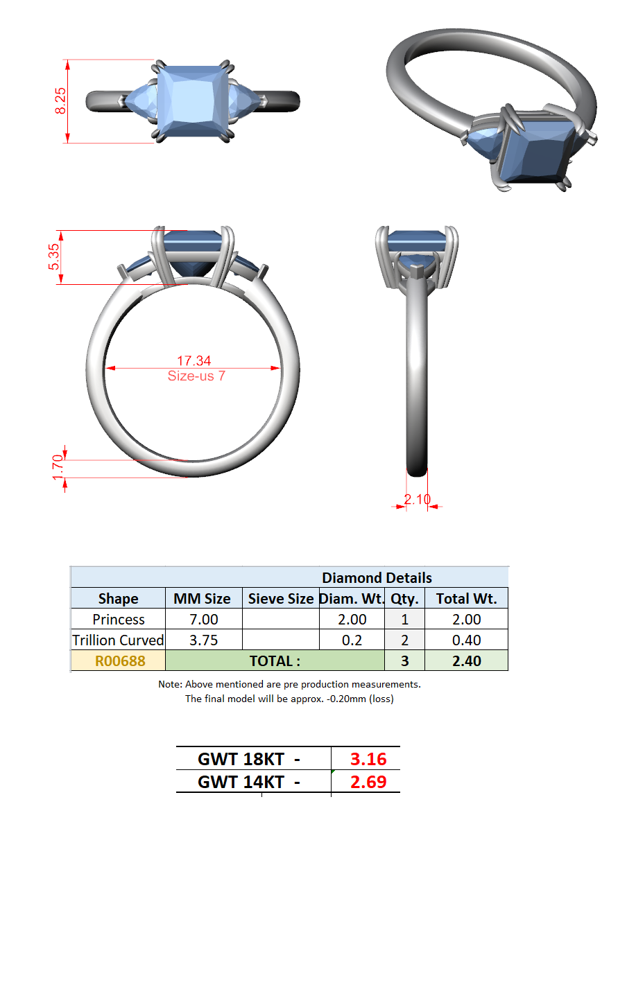 2.40 Ct. Princess Cut Diamond Three-Stone Ring with Trillion Side Stones (DDLR-033-PR) 7