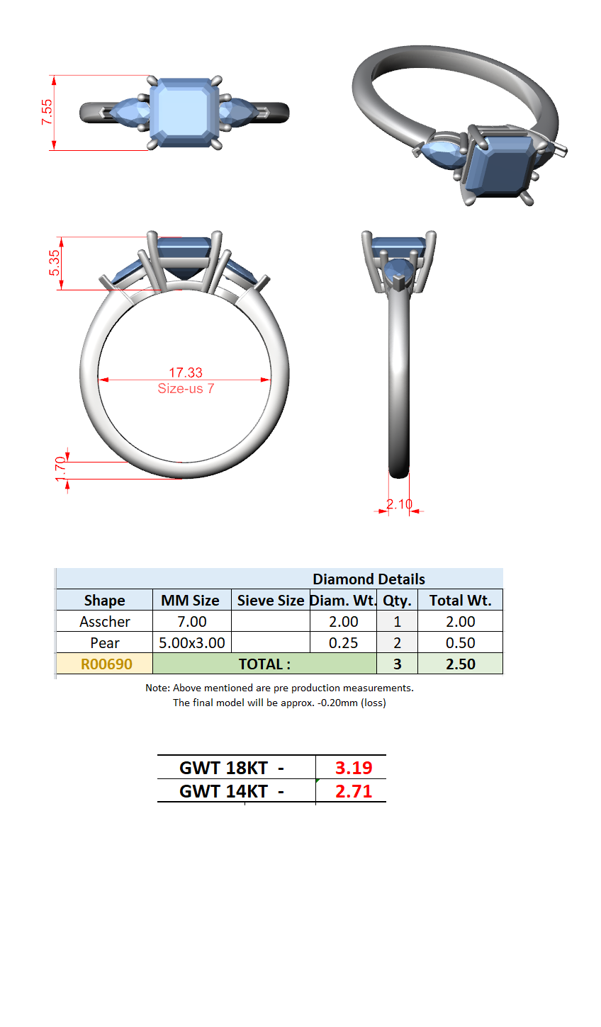 2.50 Ct. Asscher Cut Diamond Three-Stone Ring with Pear Side Stones (DDLR-035-AC) 13