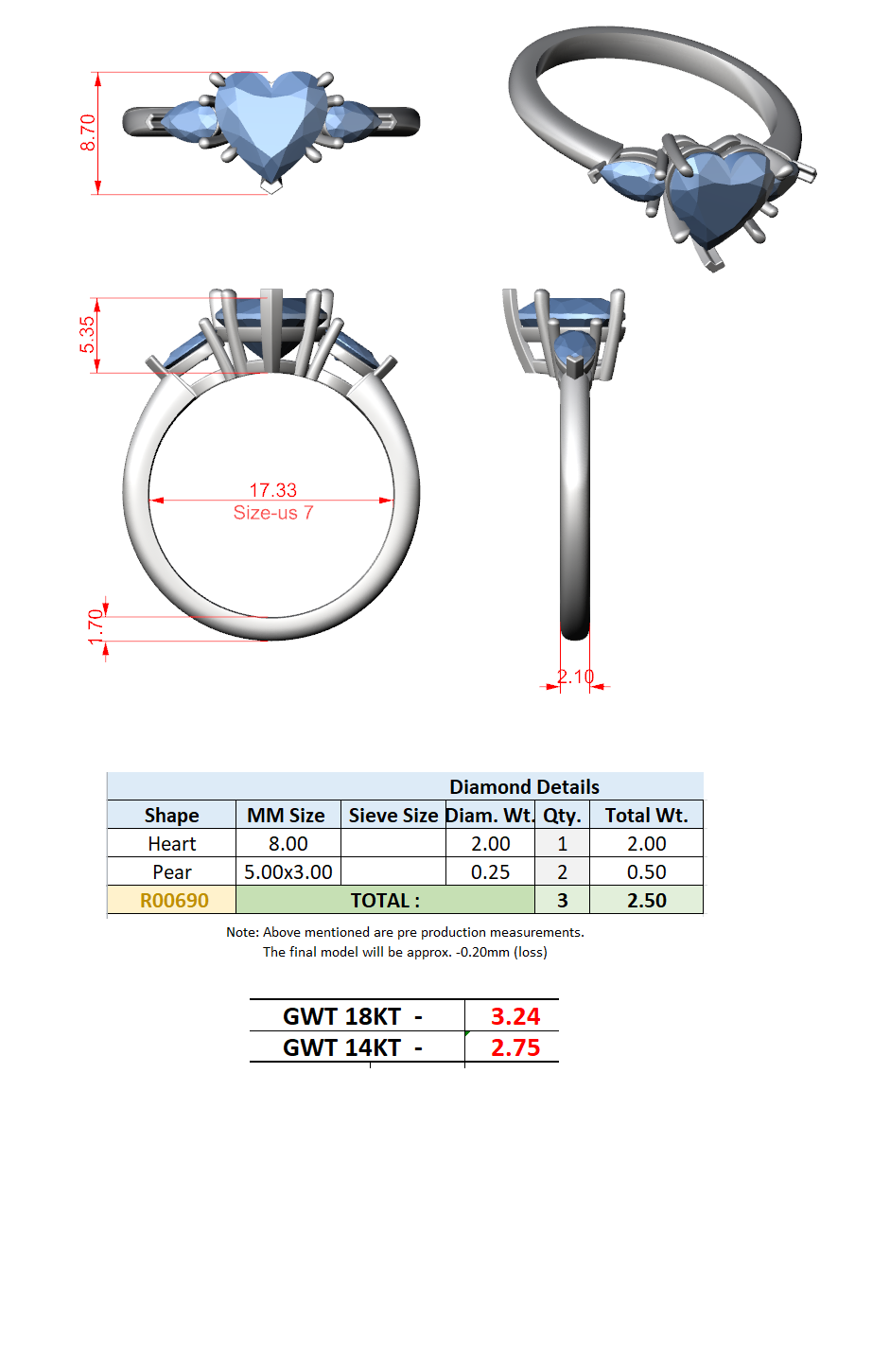 2.50 Ct. Heart Cut Diamond Three-Stone Ring with Pear Side Stones (DDLR-035-HR) 13