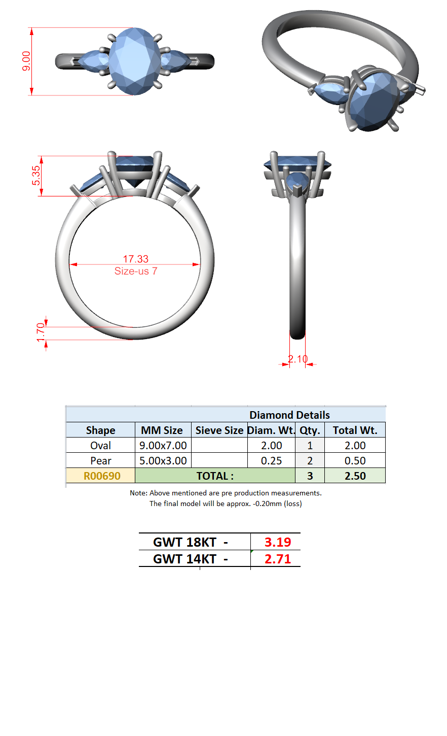 2.50 Ct. Oval Cut Diamond Three-Stone Ring with Pear Side Stones (DDLR-035-OV) 13