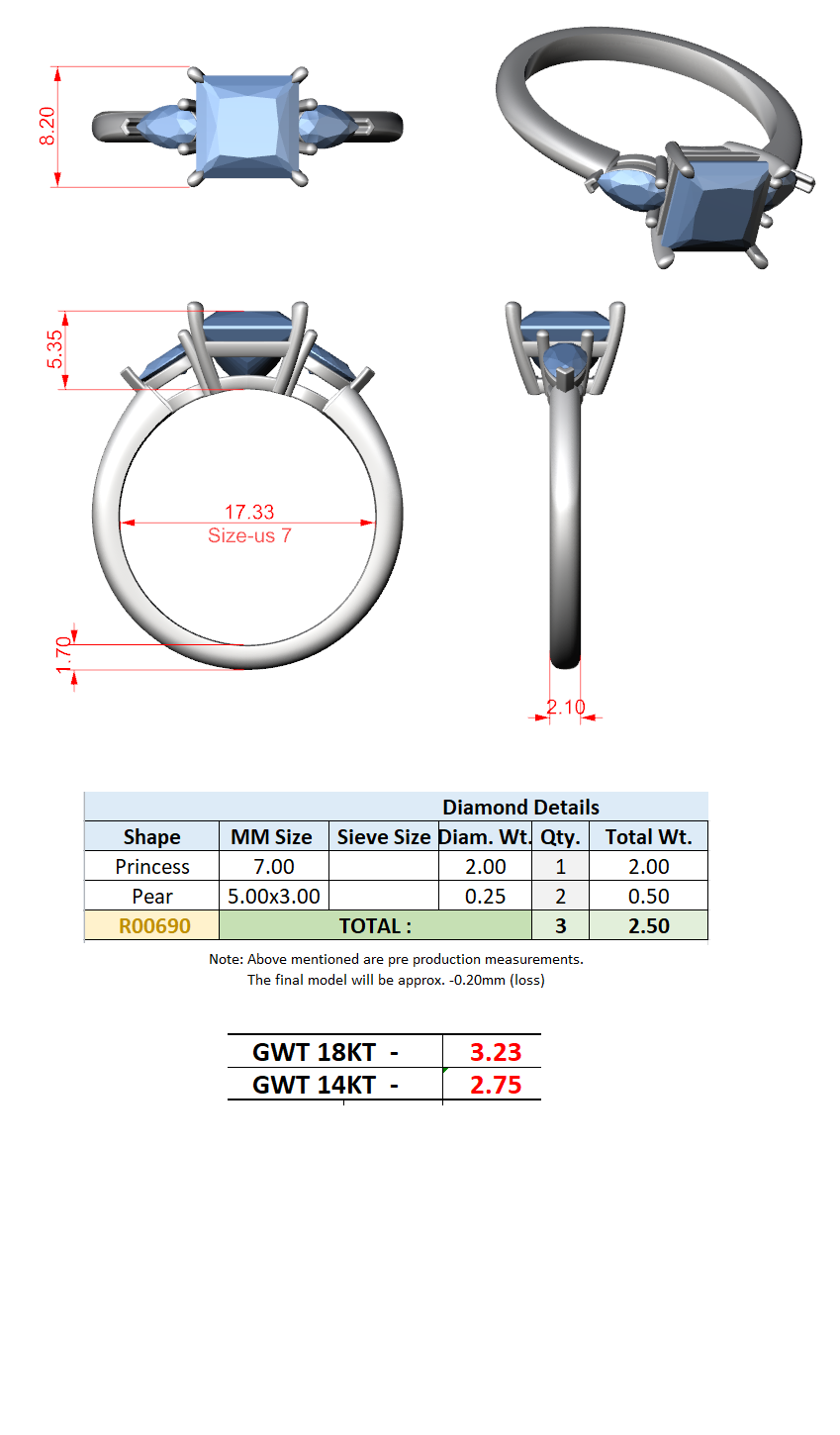 2.50 Ct. Princess Cut Diamond Three-Stone Ring with Pear Side Stones (DDLR-035-PR) 13