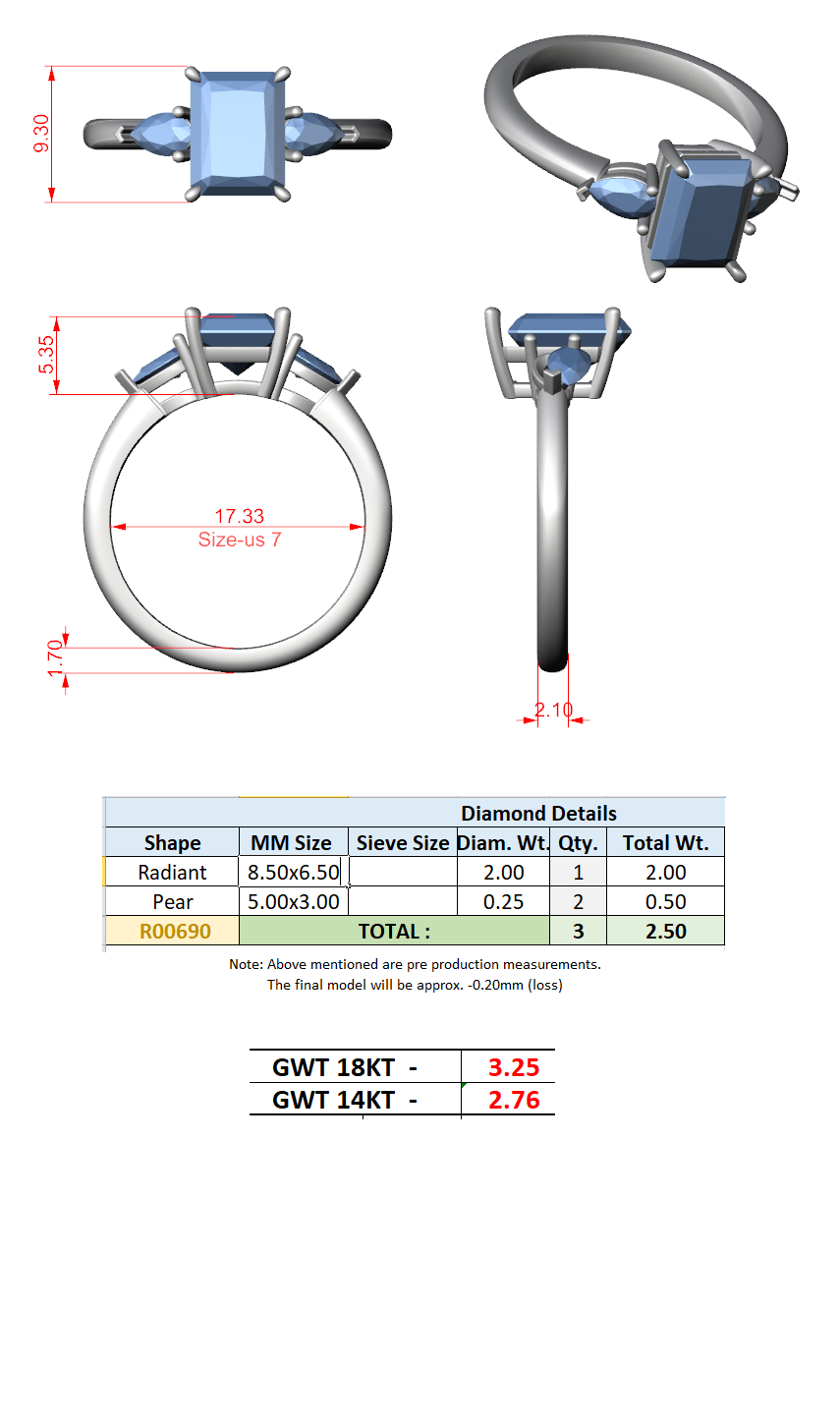 2.50 Ct. Radiant Cut Diamond Three-Stone Ring with Pear Side Stones (DDLR-035-RA) 13