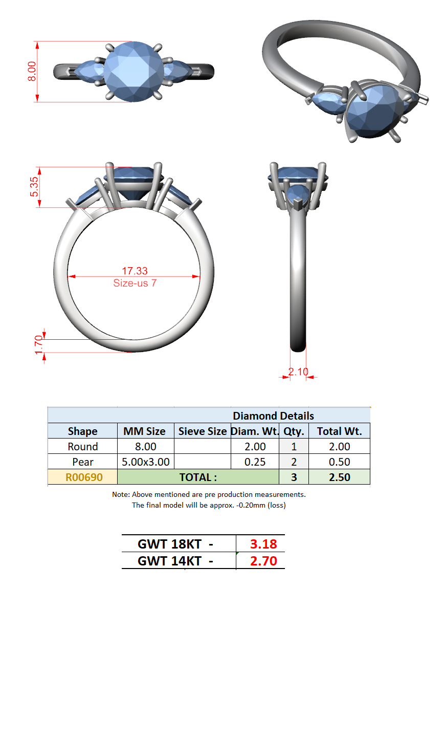 2.50 Ct. Round Brilliant Diamond Three-Stone Ring with Pear Side Stones (DDLR-035-RD) 13