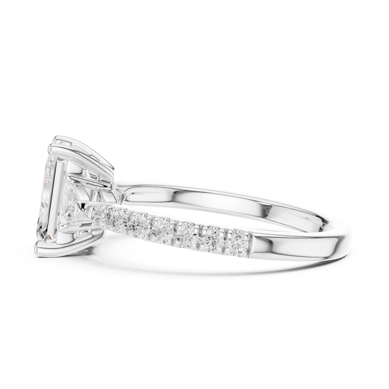 2.00 Ct. Emerald Cut Diamond Engagement Ring with Trillion Side Stones and Pavé Shank (DDLR-037-EM) 10
