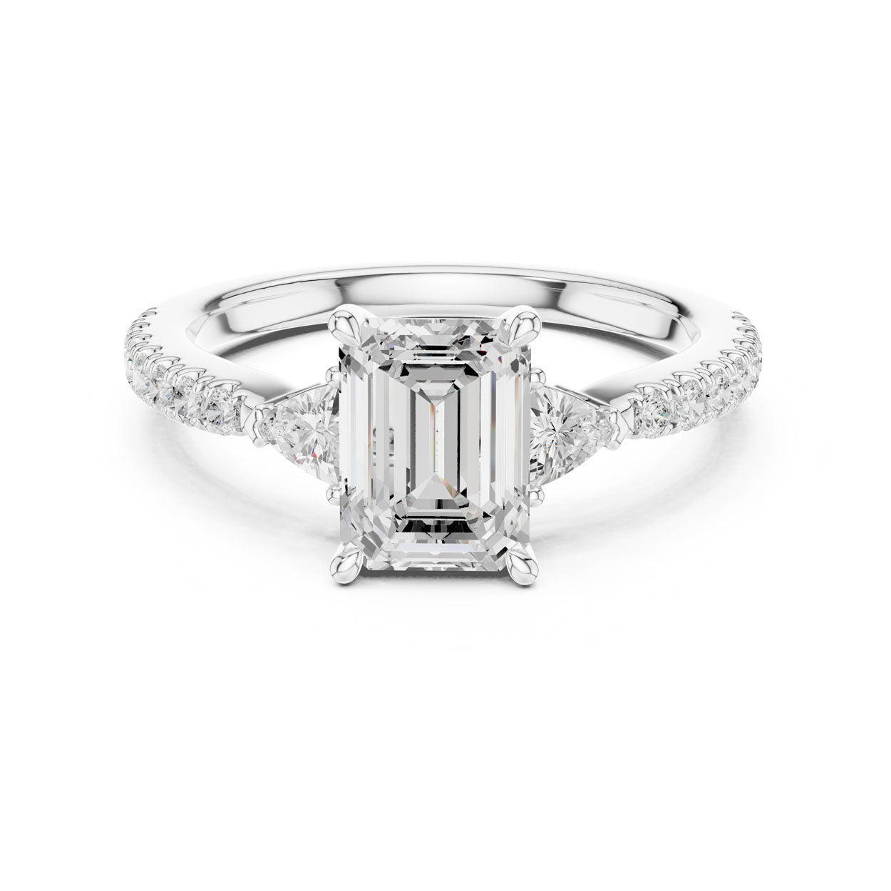 2.00 Ct. Emerald Cut Diamond Engagement Ring with Trillion Side Stones and Pavé Shank (DDLR-037-EM)