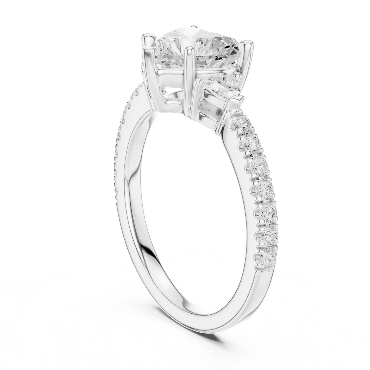 2.00 Ct. Heart Cut Diamond Engagement Ring with Trillion Side Stones and Pavé Shank (DDLR-037-HR) 10