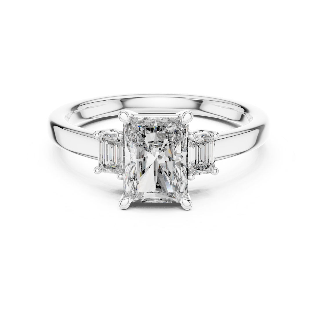 1.70 Ct. Radiant Cut Three-Stone Engagement Ring with Step-Cut Side Diamonds (DDLR-038)