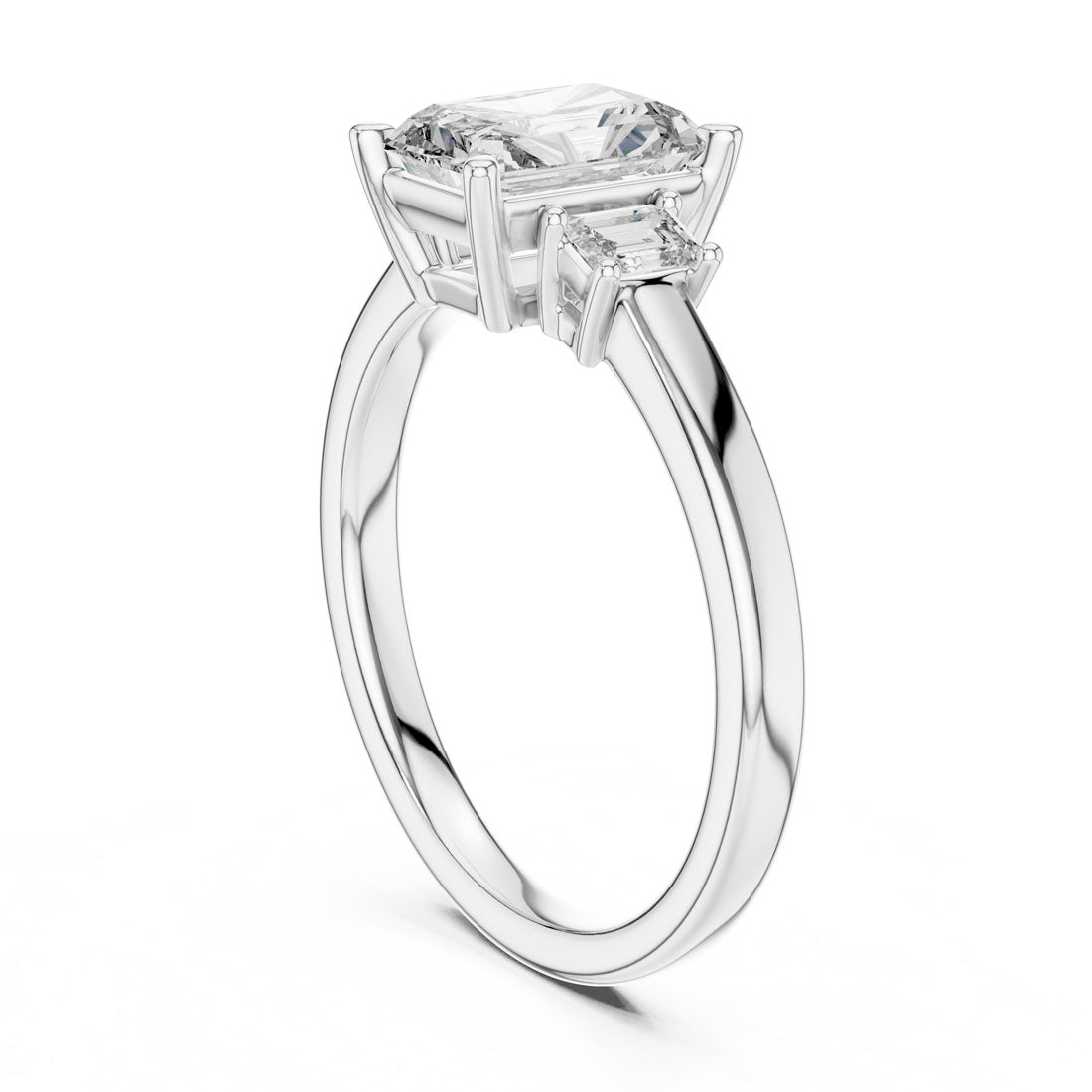 1.70 Ct. Radiant Cut Three-Stone Engagement Ring with Step-Cut Side Diamonds (DDLR-038) 10