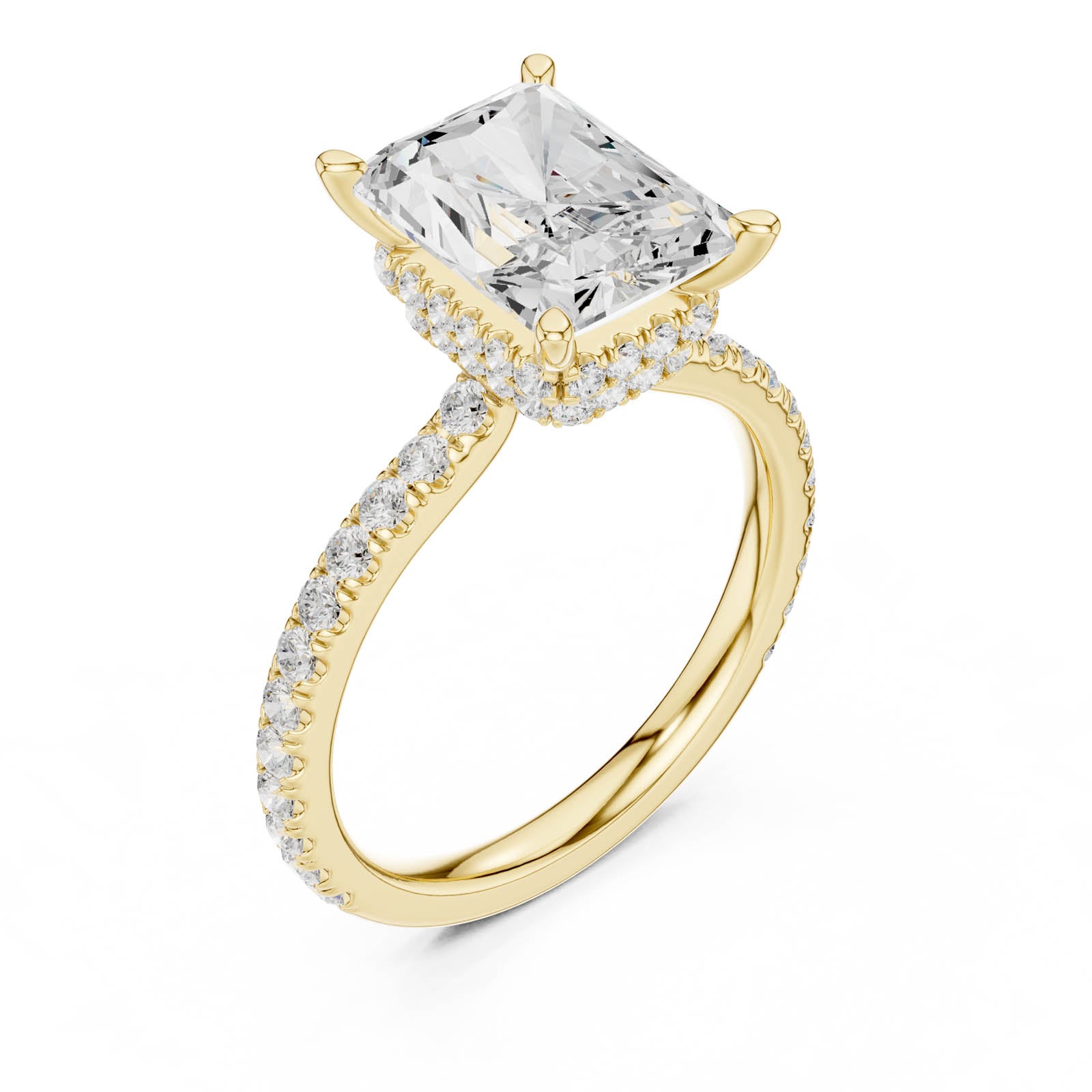 4.41 Ct. Radiant Cut Diamond Ring with Double Hidden Halo and Pavé Band (DDLR-1019)