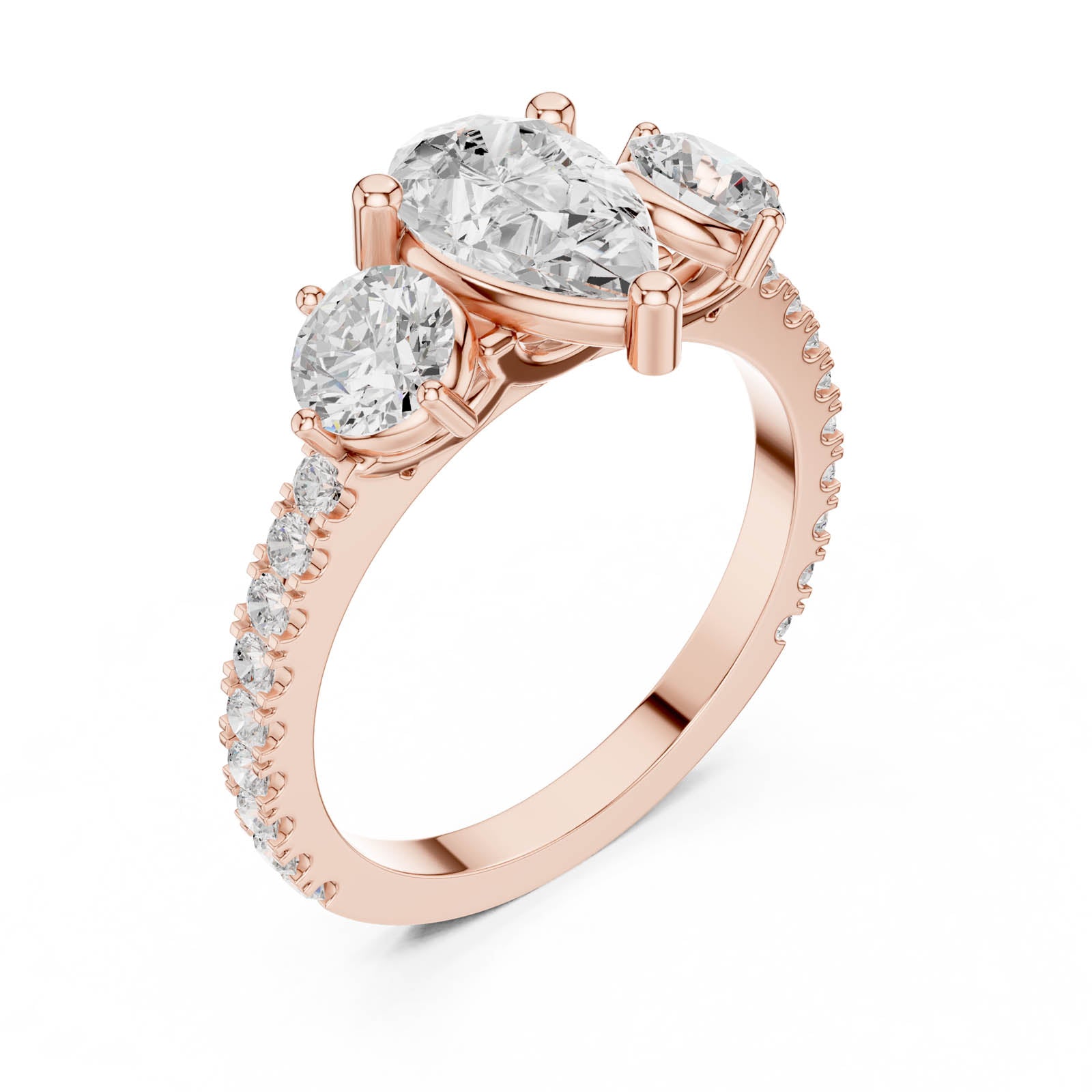 2.00 Ct. Pear Shape Diamond Three-Stone Ring with Round Side Stones and Pavé Band (DDLR-1096)