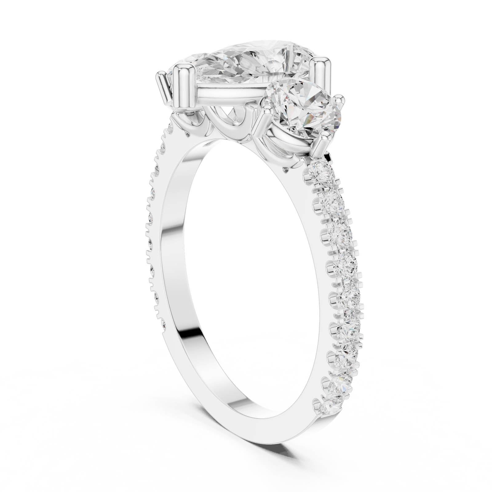 2.00 Ct. Pear Shape Diamond Three-Stone Ring with Round Side Stones and Pavé Band (DDLR-1096) 10