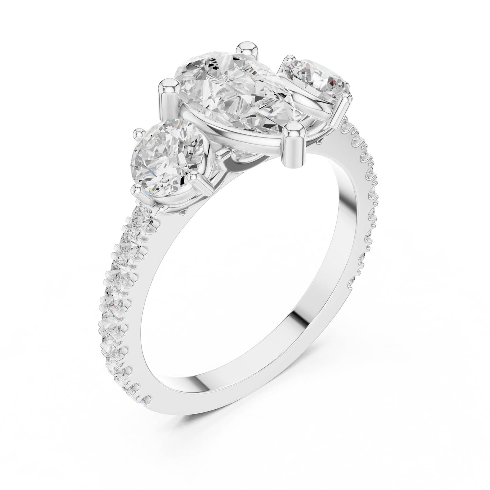 2.00 Ct. Pear Shape Diamond Three-Stone Ring with Round Side Stones and Pavé Band (DDLR-1096) 11