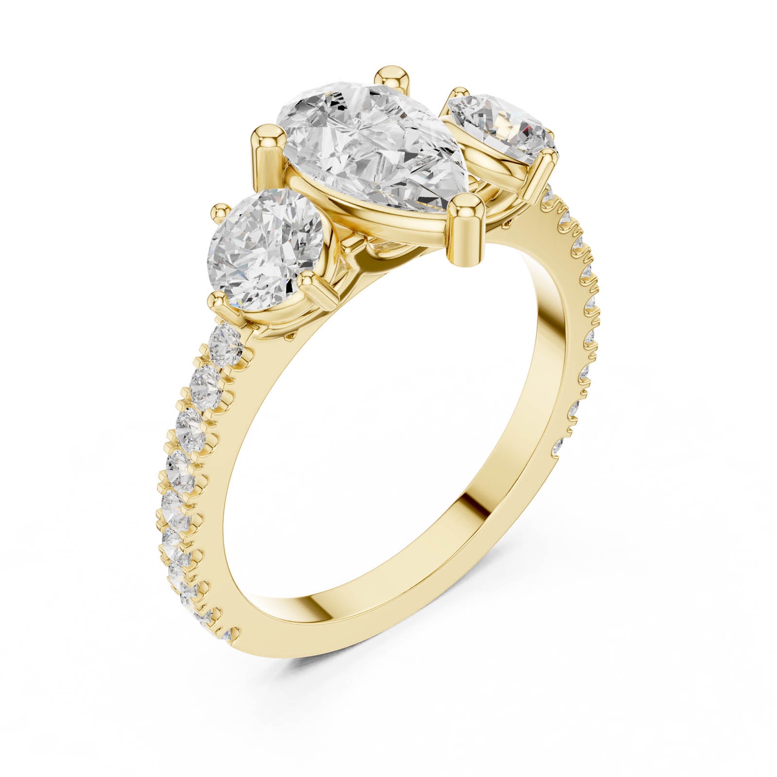 2.00 Ct. Pear Shape Diamond Three-Stone Ring with Round Side Stones and Pavé Band (DDLR-1096) 4