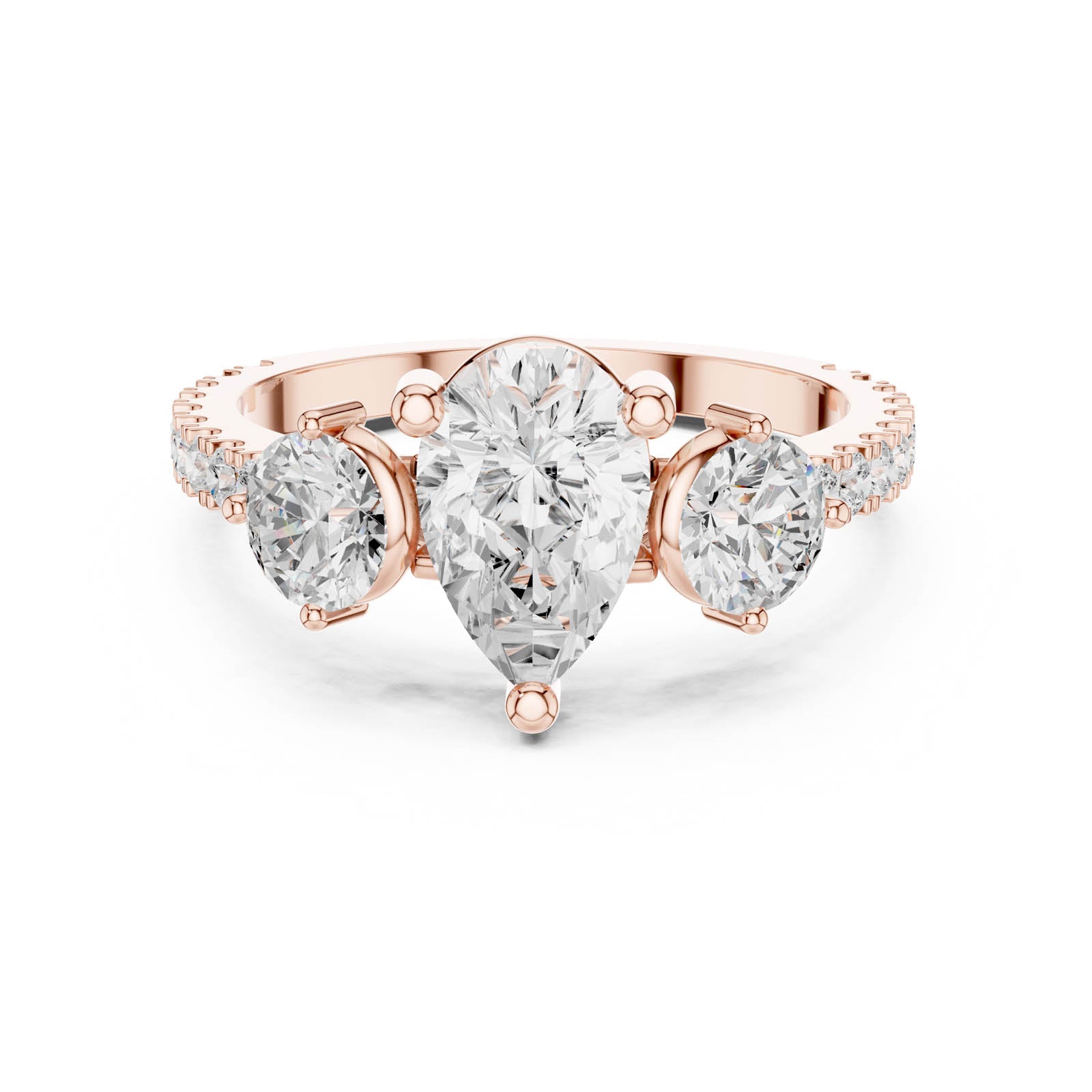 2.00 Ct. Pear Shape Diamond Three-Stone Ring with Round Side Stones and Pavé Band (DDLR-1096) 6