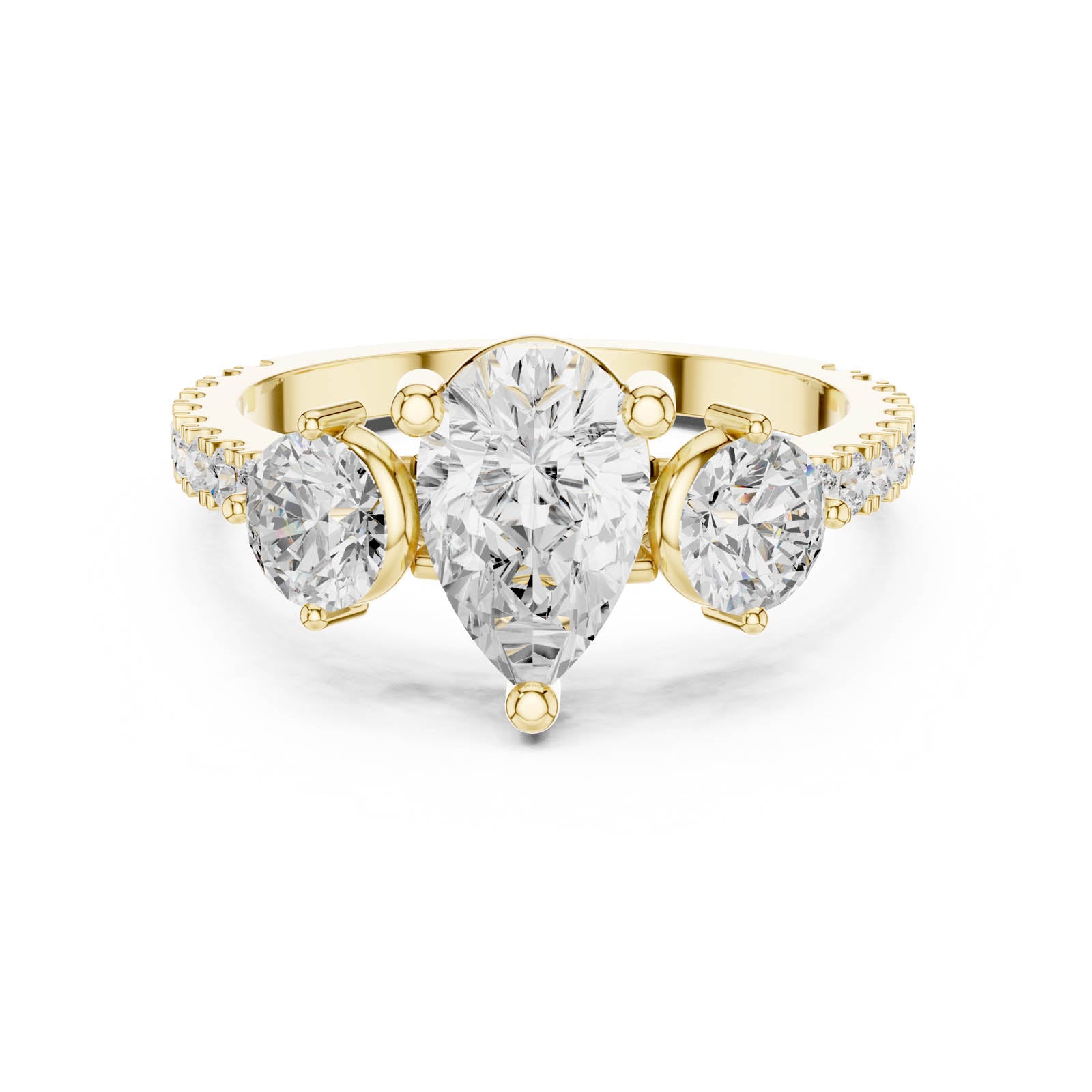 2.00 Ct. Pear Shape Diamond Three-Stone Ring with Round Side Stones and Pavé Band (DDLR-1096)