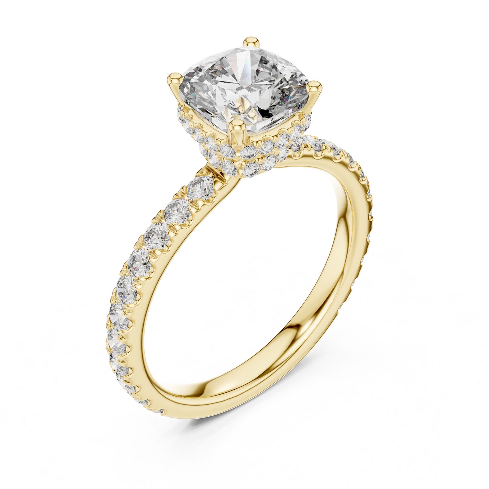 2.10 Ct. Cushion Cut Diamond Ring with Hidden Halo and Pavé Band (DDLR-165)