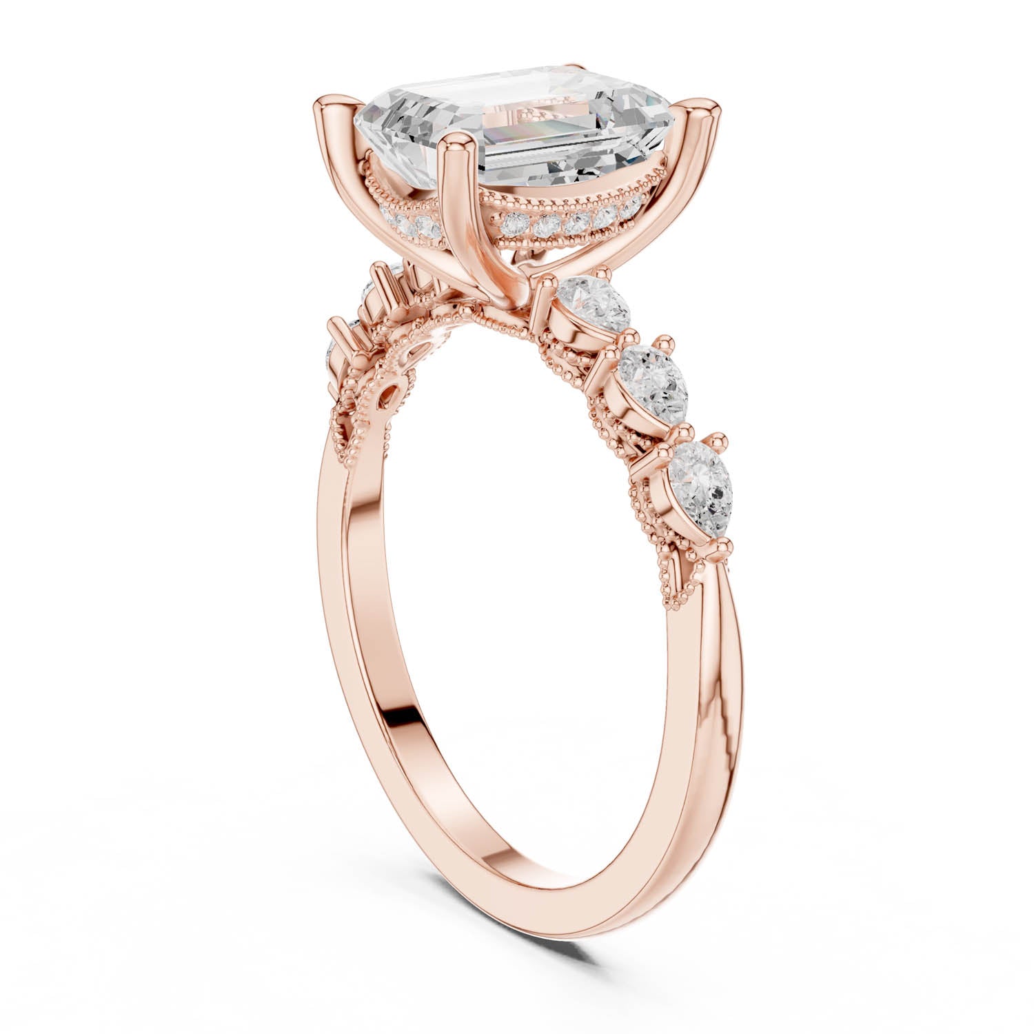 2.33 Ct. Classic Emerald Cut Diamond Ring with Pear Side Stones and Hidden Halo (DDLR-168 -R00843-EM) 9
