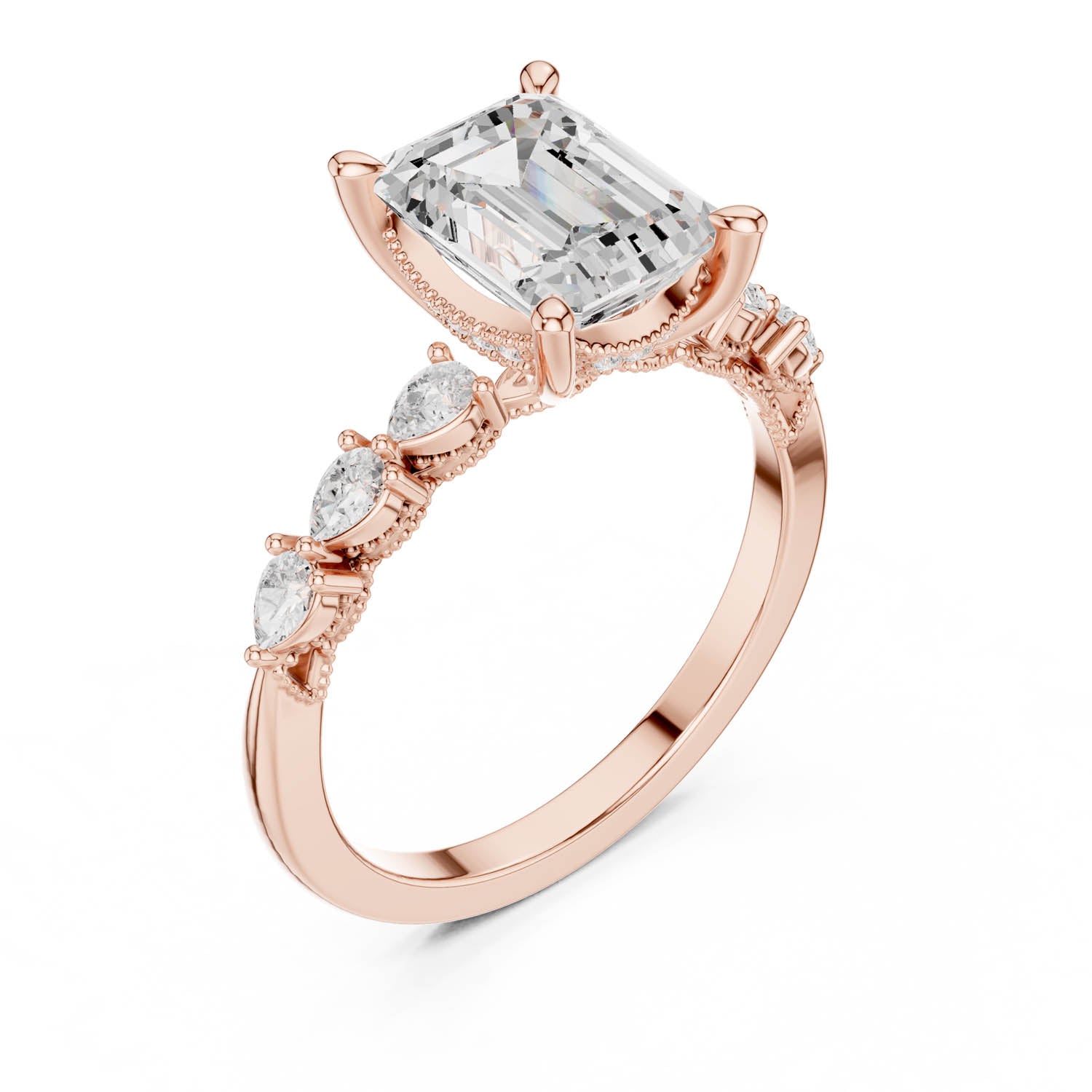 2.33 Ct. Classic Emerald Cut Diamond Ring with Pear Side Stones and Hidden Halo (DDLR-168 -R00843-EM) 10