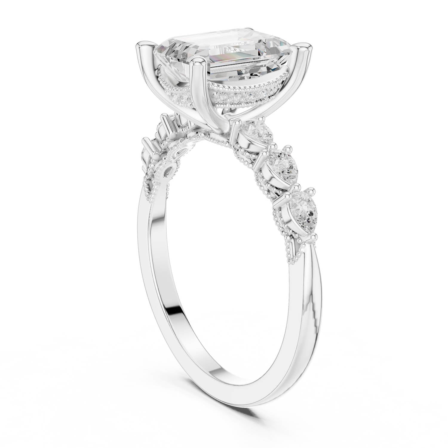 2.33 Ct. Classic Emerald Cut Diamond Ring with Pear Side Stones and Hidden Halo (DDLR-168 -R00843-EM) 11