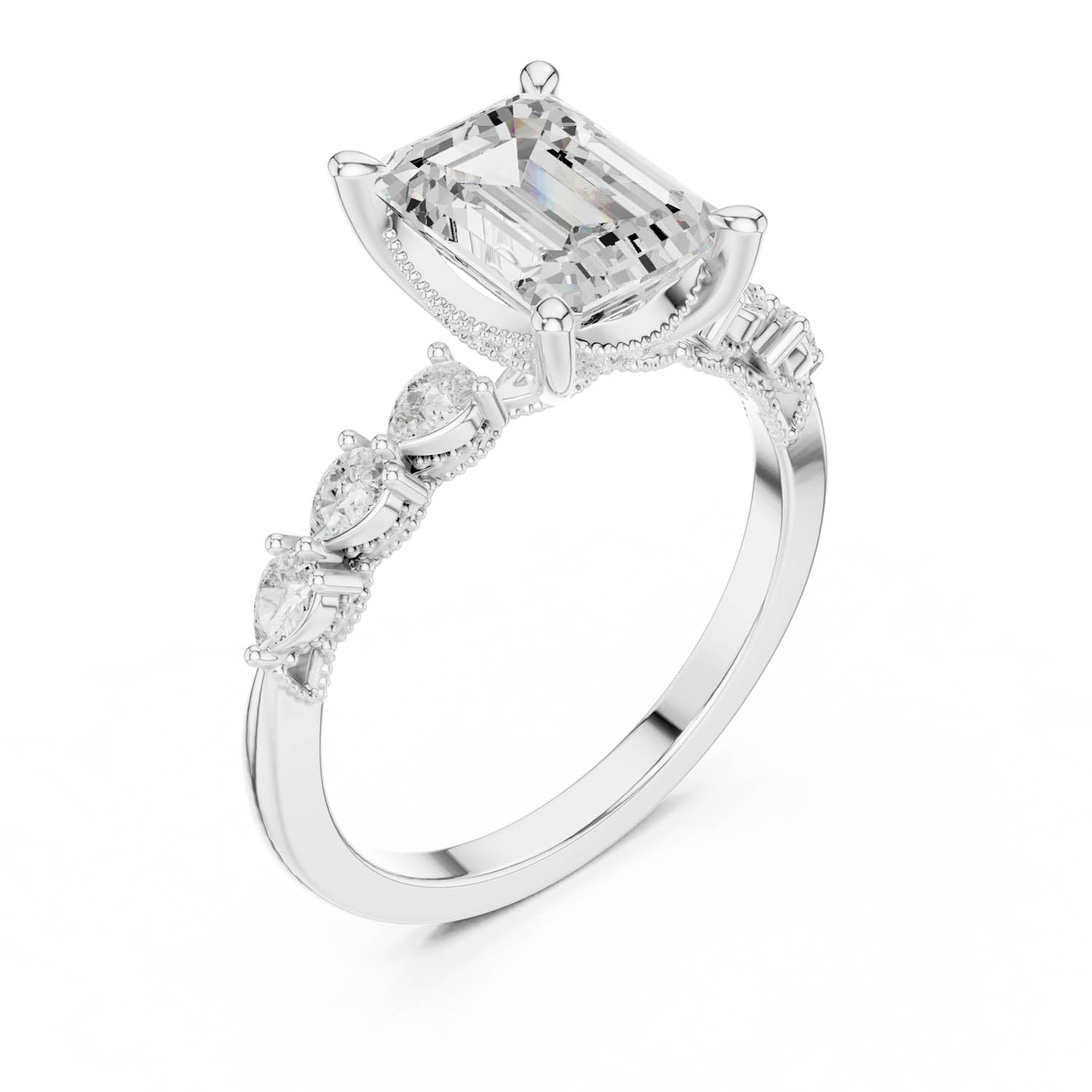 2.33 Ct. Classic Emerald Cut Diamond Ring with Pear Side Stones and Hidden Halo (DDLR-168 -R00843-EM) 12