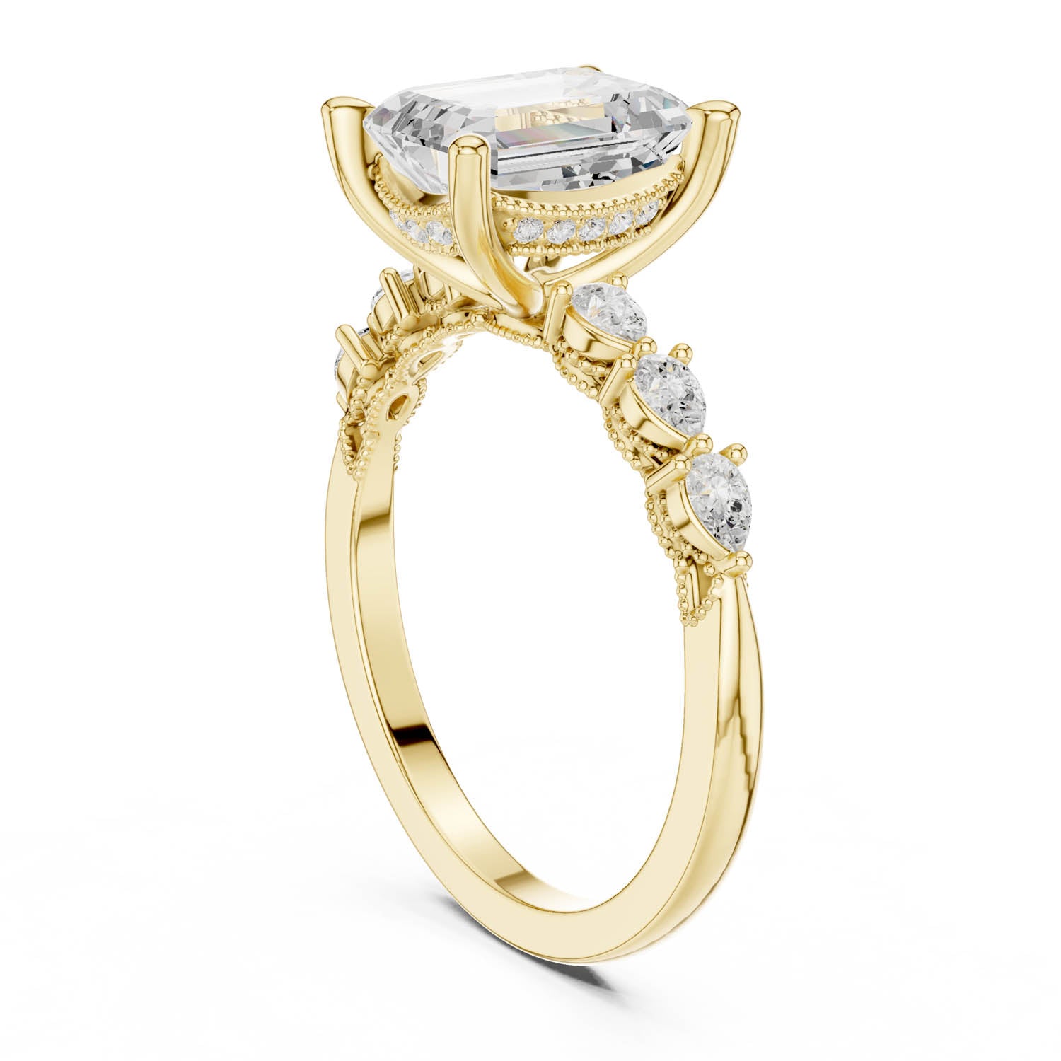 2.33 Ct. Classic Emerald Cut Diamond Ring with Pear Side Stones and Hidden Halo (DDLR-168 -R00843-EM) 13