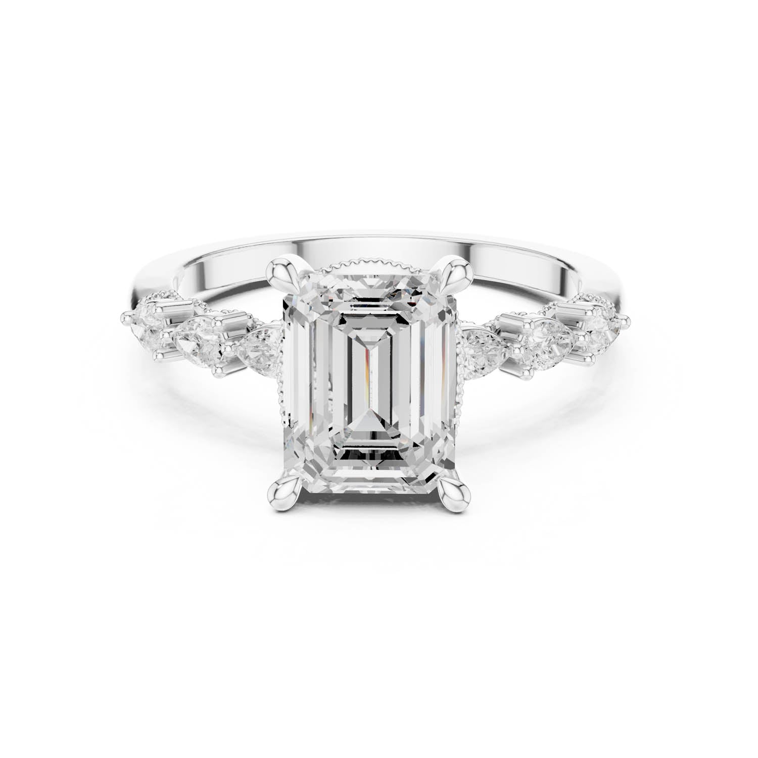 2.33 Ct. Classic Emerald Cut Diamond Ring with Pear Side Stones and Hidden Halo (DDLR-168 -R00843-EM) 1