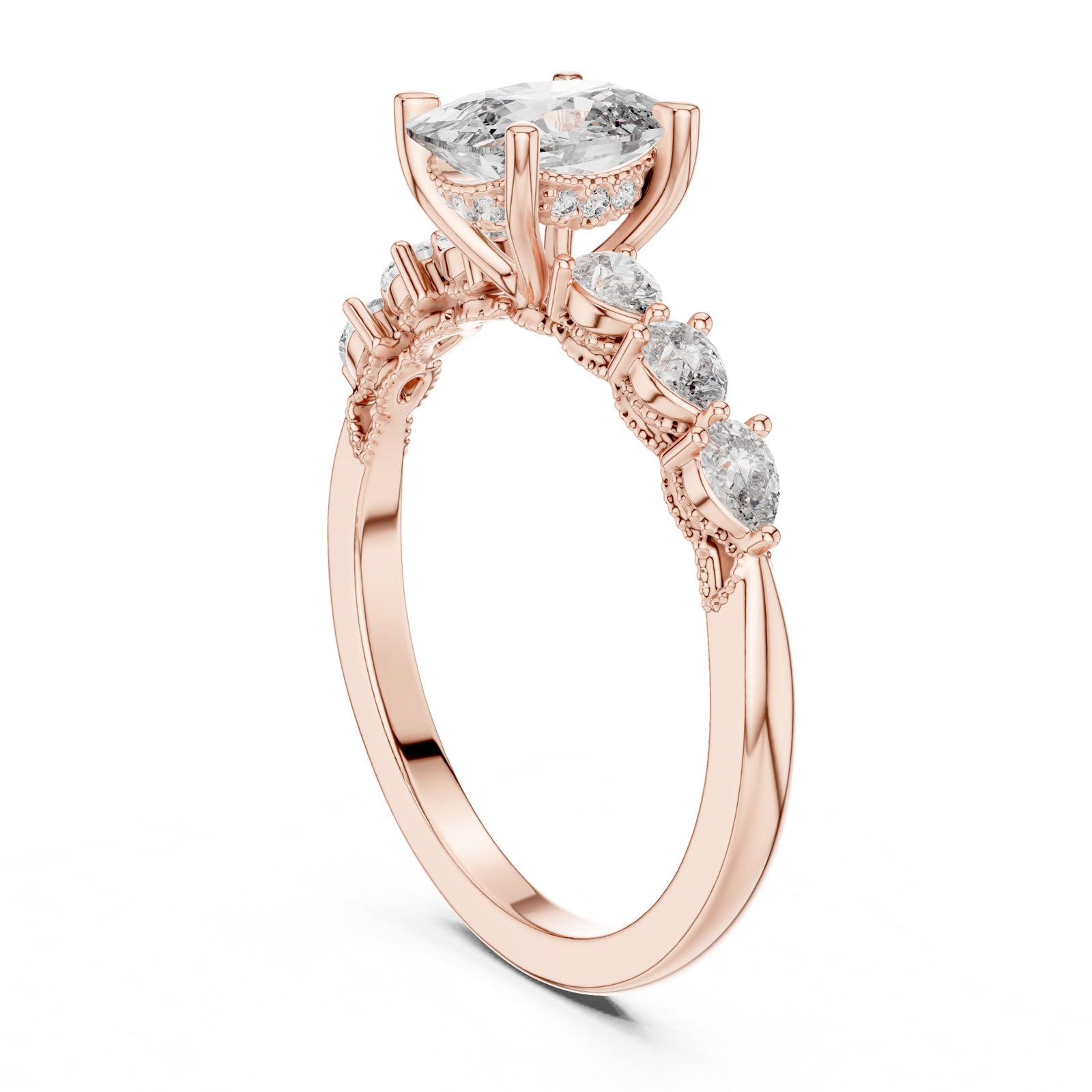 2.34 Ct. Cushion Diamond Ring with Pear-Shaped Side Stones and Hidden Halo (DDLR-168) 12