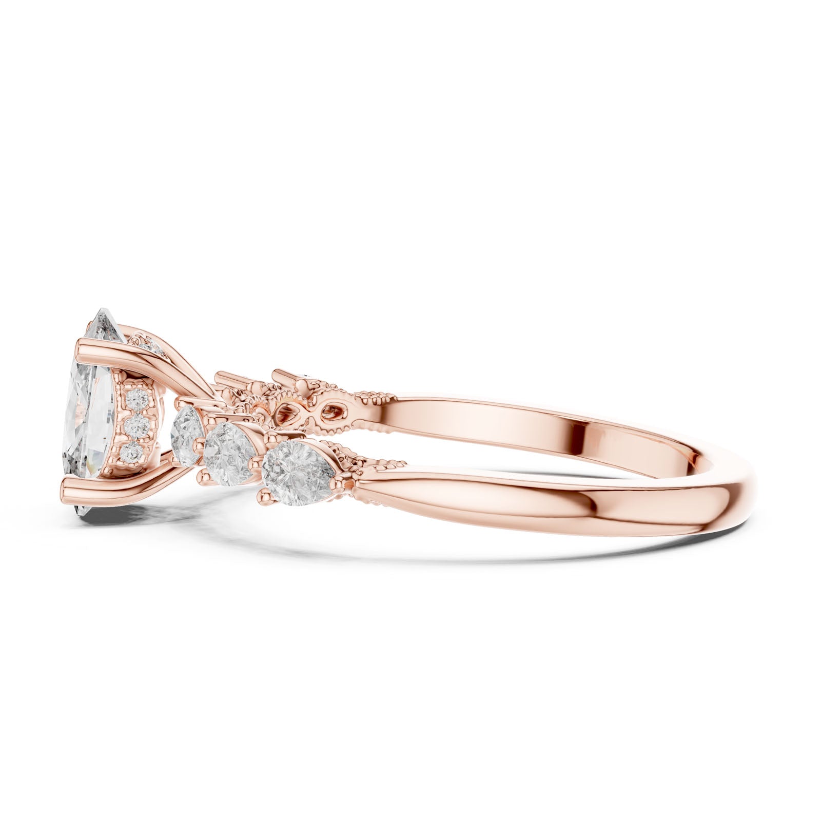 2.34 Ct. Cushion Diamond Ring with Pear-Shaped Side Stones and Hidden Halo (DDLR-168) 4
