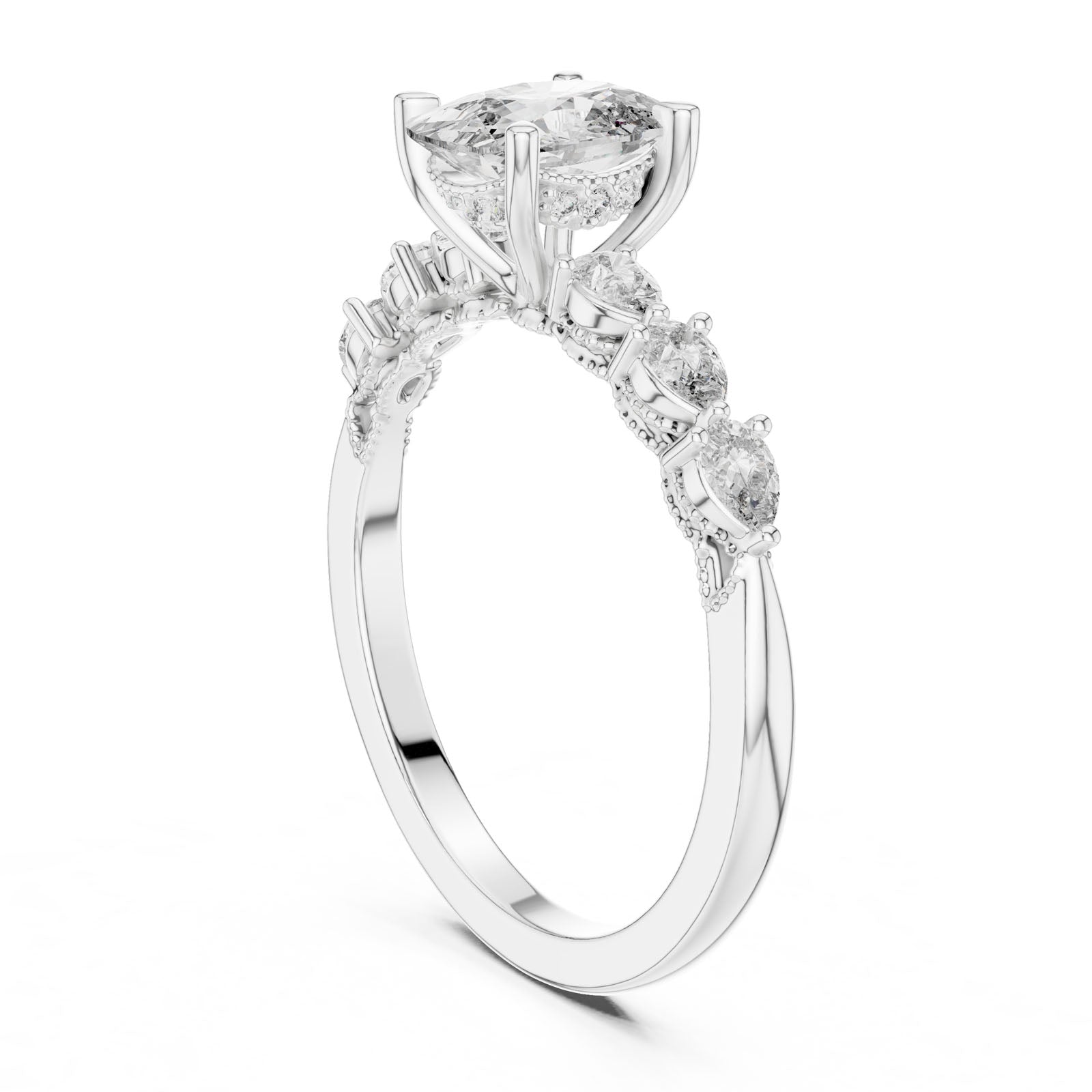 2.34 Ct. Cushion Diamond Ring with Pear-Shaped Side Stones and Hidden Halo (DDLR-168) 6