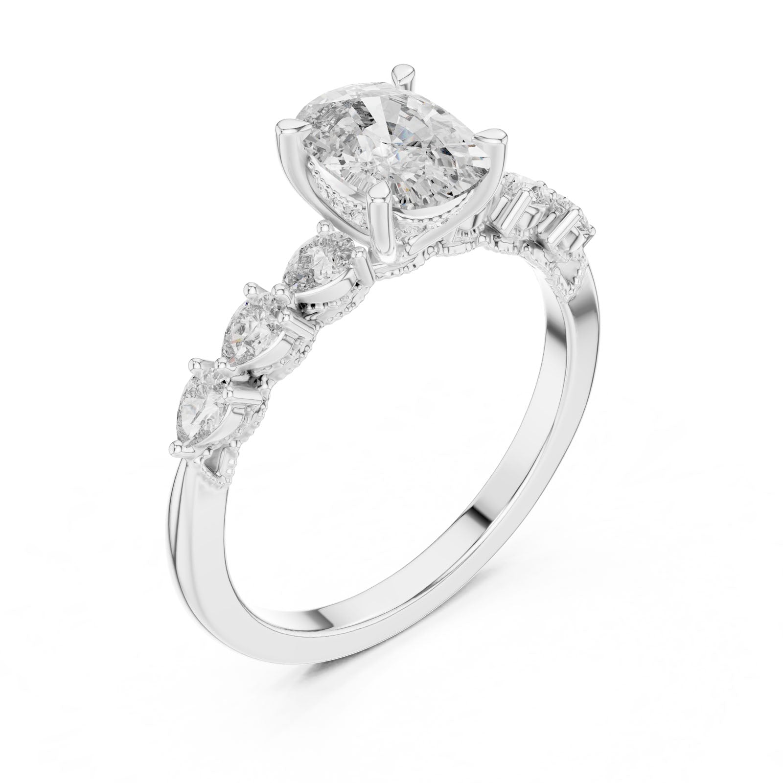 2.34 Ct. Cushion Diamond Ring with Pear-Shaped Side Stones and Hidden Halo (DDLR-168) 7