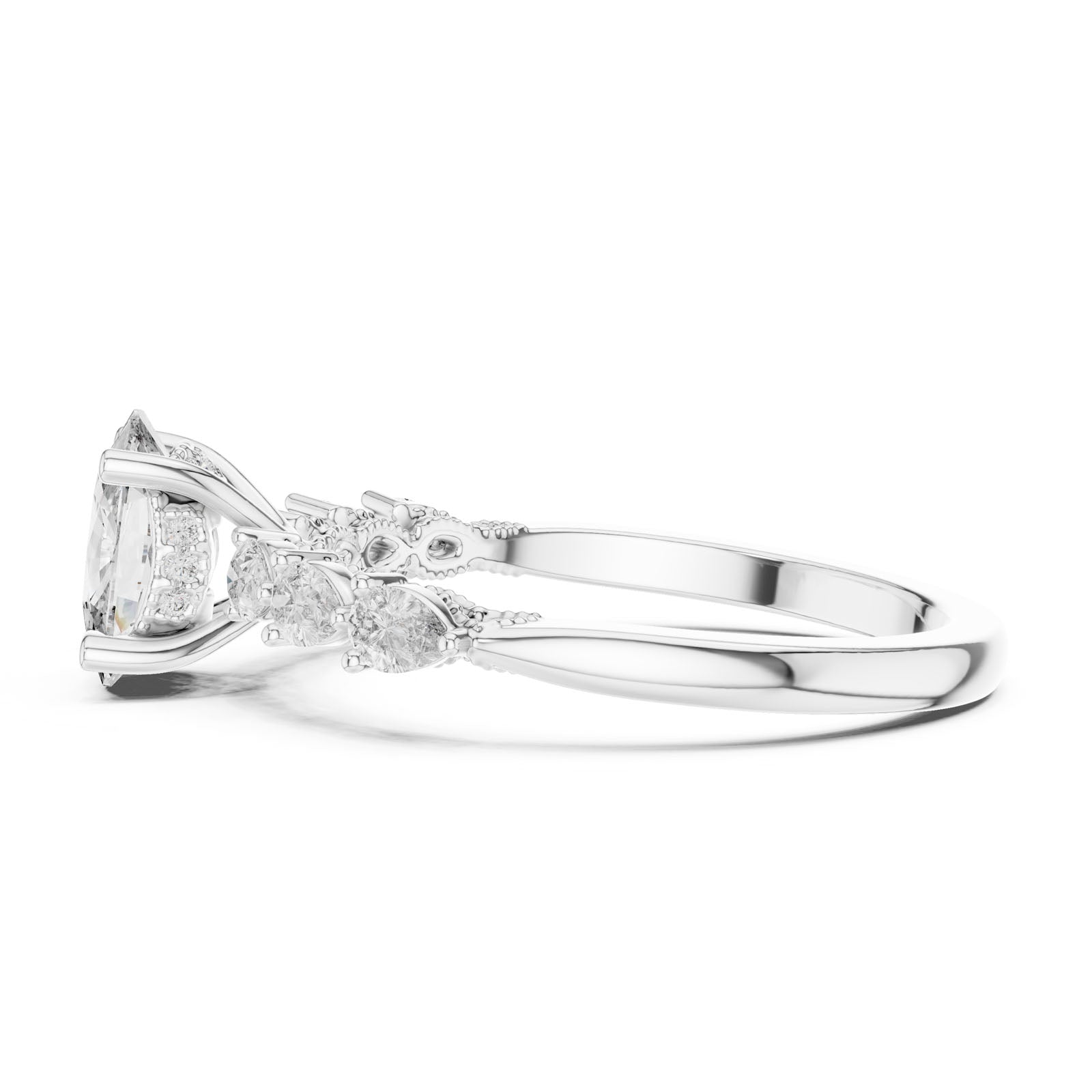 2.34 Ct. Cushion Diamond Ring with Pear-Shaped Side Stones and Hidden Halo (DDLR-168) 9