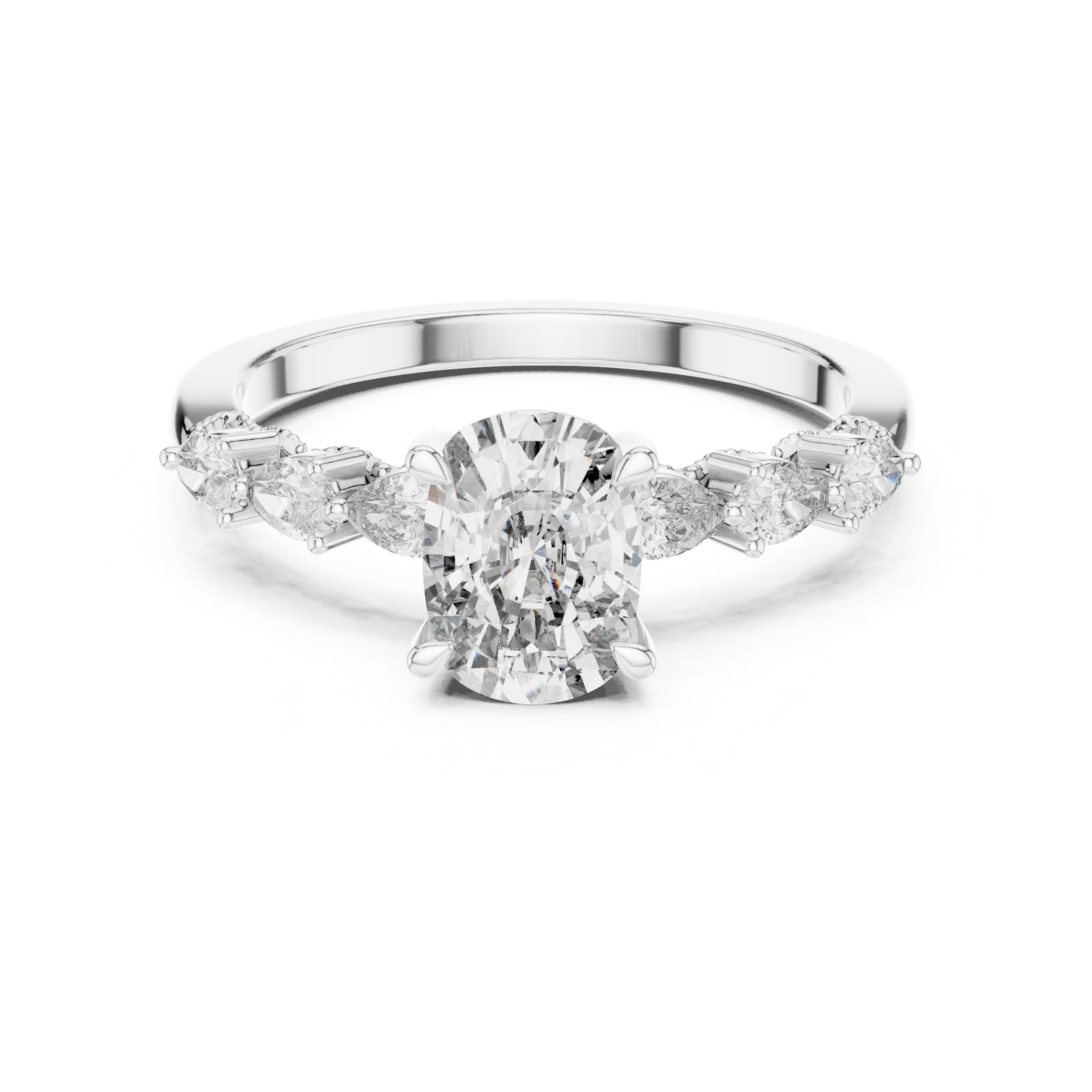 2.34 Ct. Cushion Diamond Ring with Pear-Shaped Side Stones and Hidden Halo (DDLR-168)