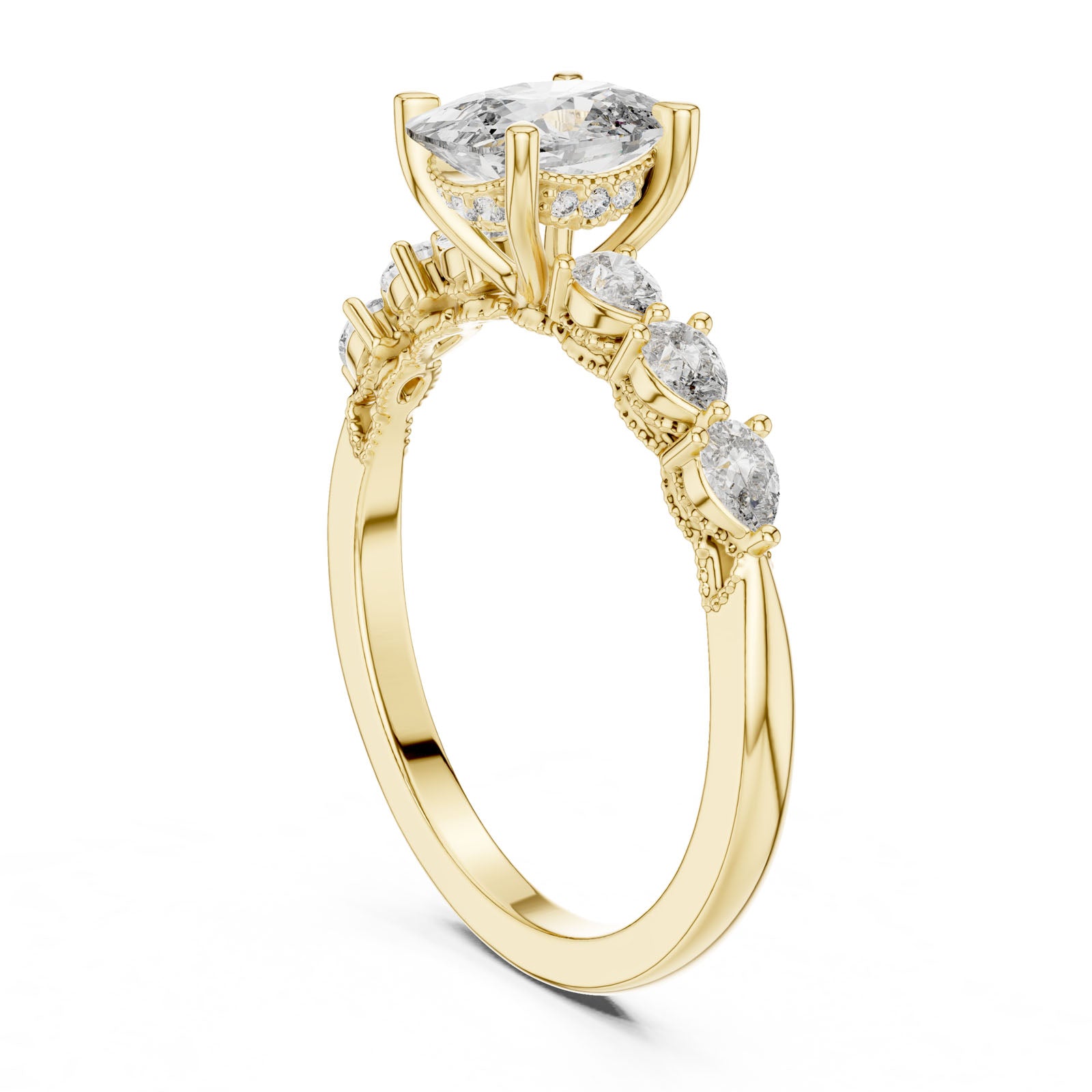 2.34 Ct. Cushion Diamond Ring with Pear-Shaped Side Stones and Hidden Halo (DDLR-168) 10
