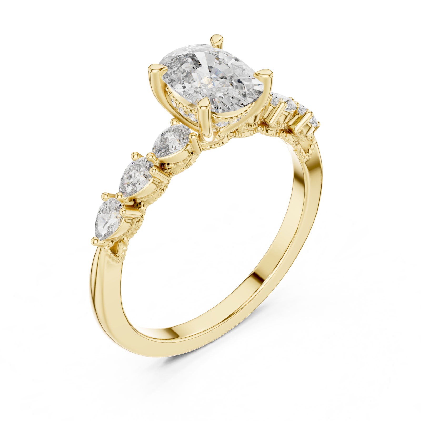 2.34 Ct. Cushion Diamond Ring with Pear-Shaped Side Stones and Hidden Halo (DDLR-168)