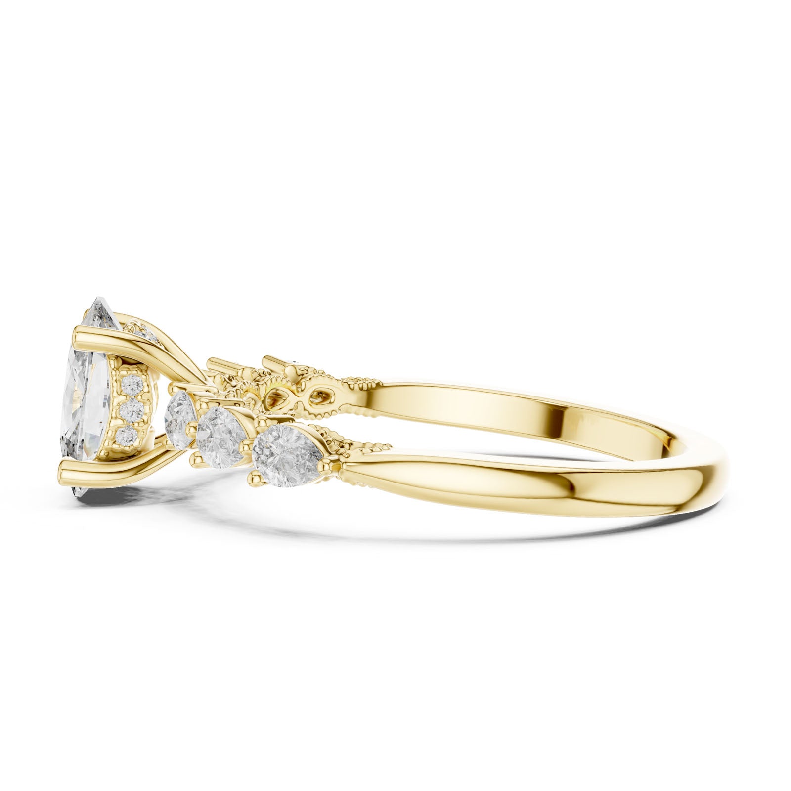 2.34 Ct. Cushion Diamond Ring with Pear-Shaped Side Stones and Hidden Halo (DDLR-168) 11
