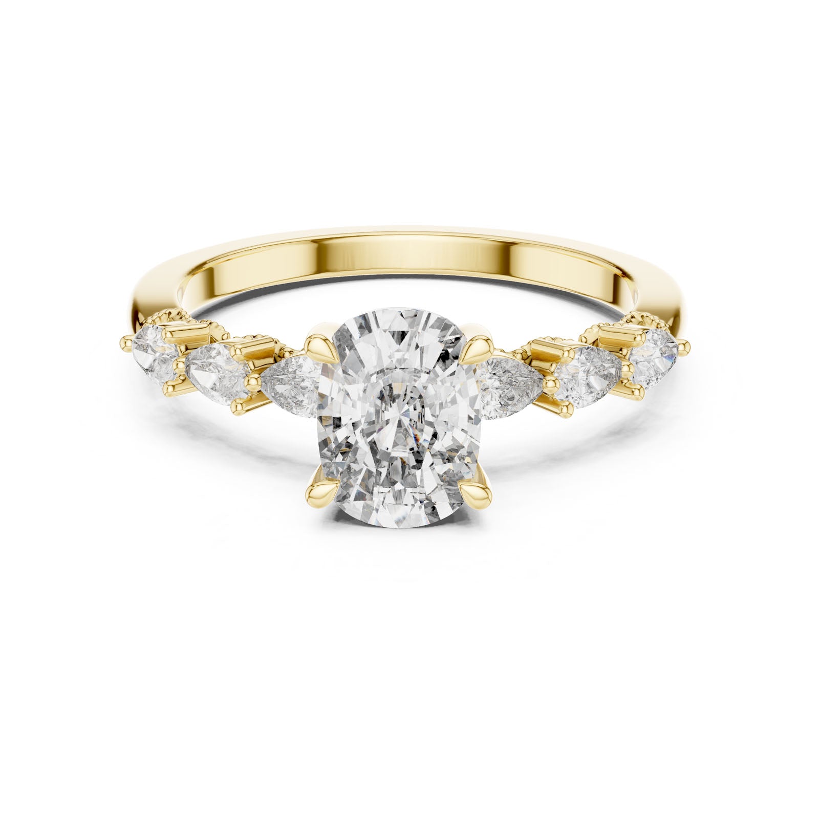 2.34 Ct. Cushion Diamond Ring with Pear-Shaped Side Stones and Hidden Halo (DDLR-168) 8
