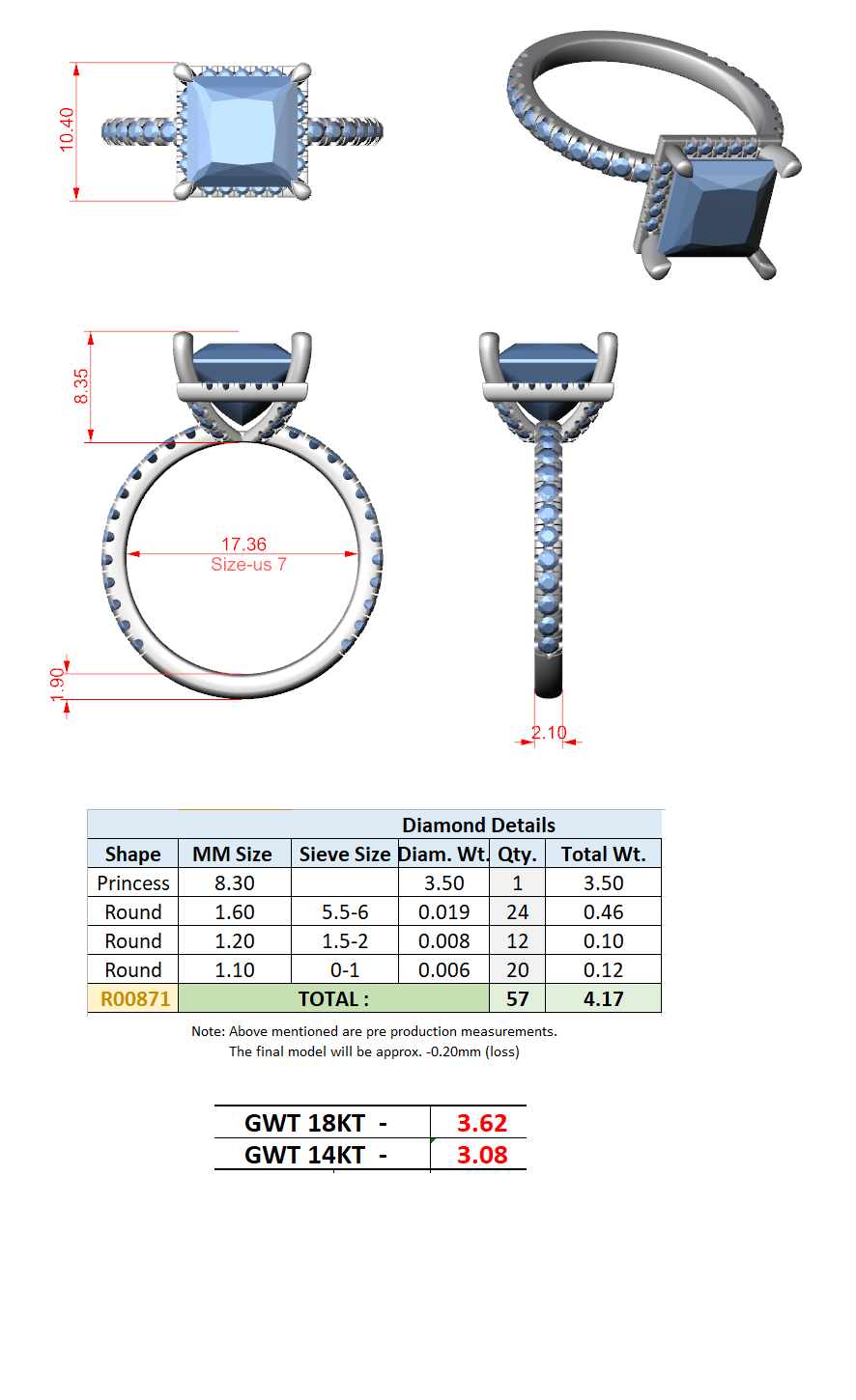 4.20 Ct. Princess Cut Diamond Halo Pavé Ring (DDLR-172-PR) 13