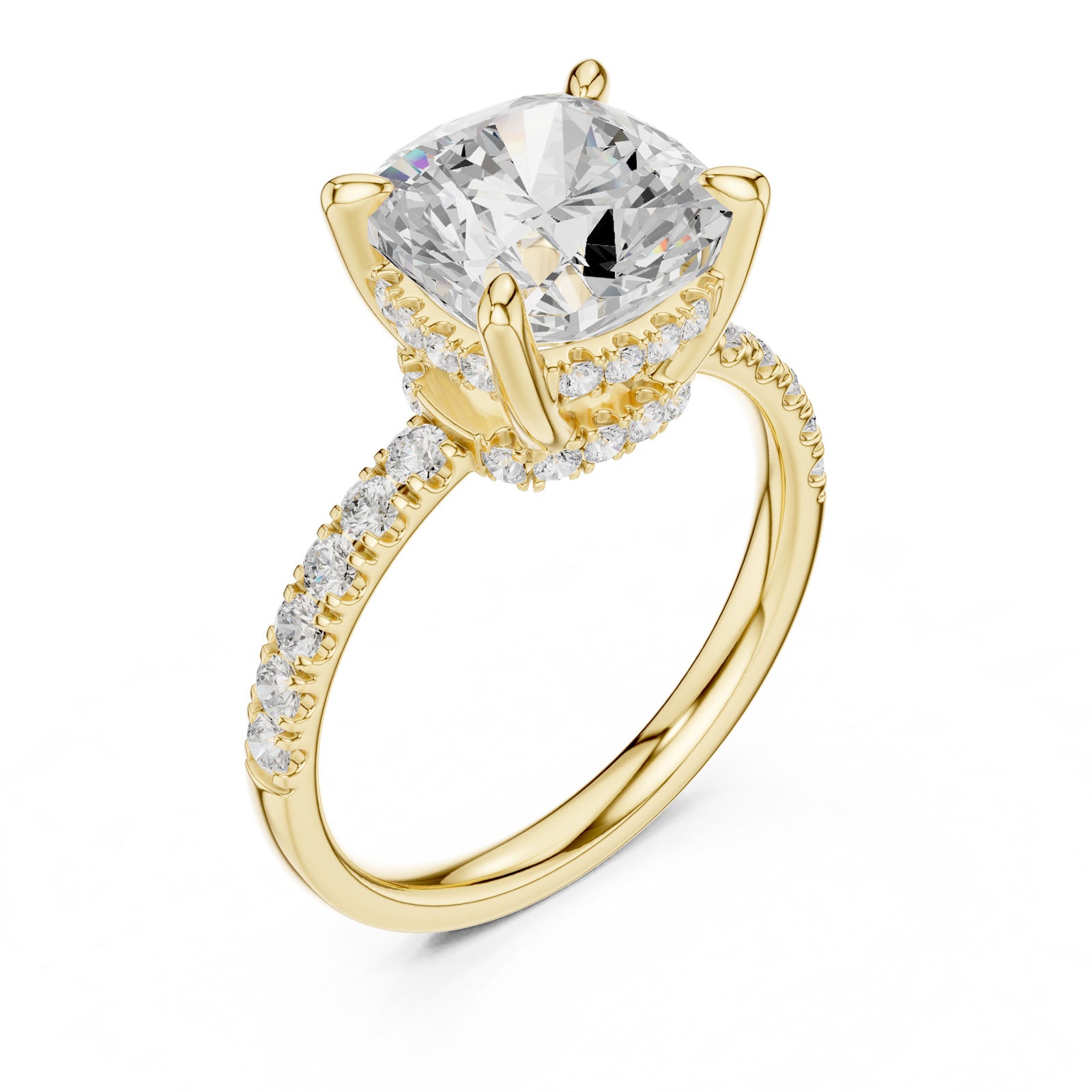 4.55 Ct. Classic Cushion Cut Diamond Ring with Hidden Halo and Pavé Band Setting (DDLR-259-CU)
