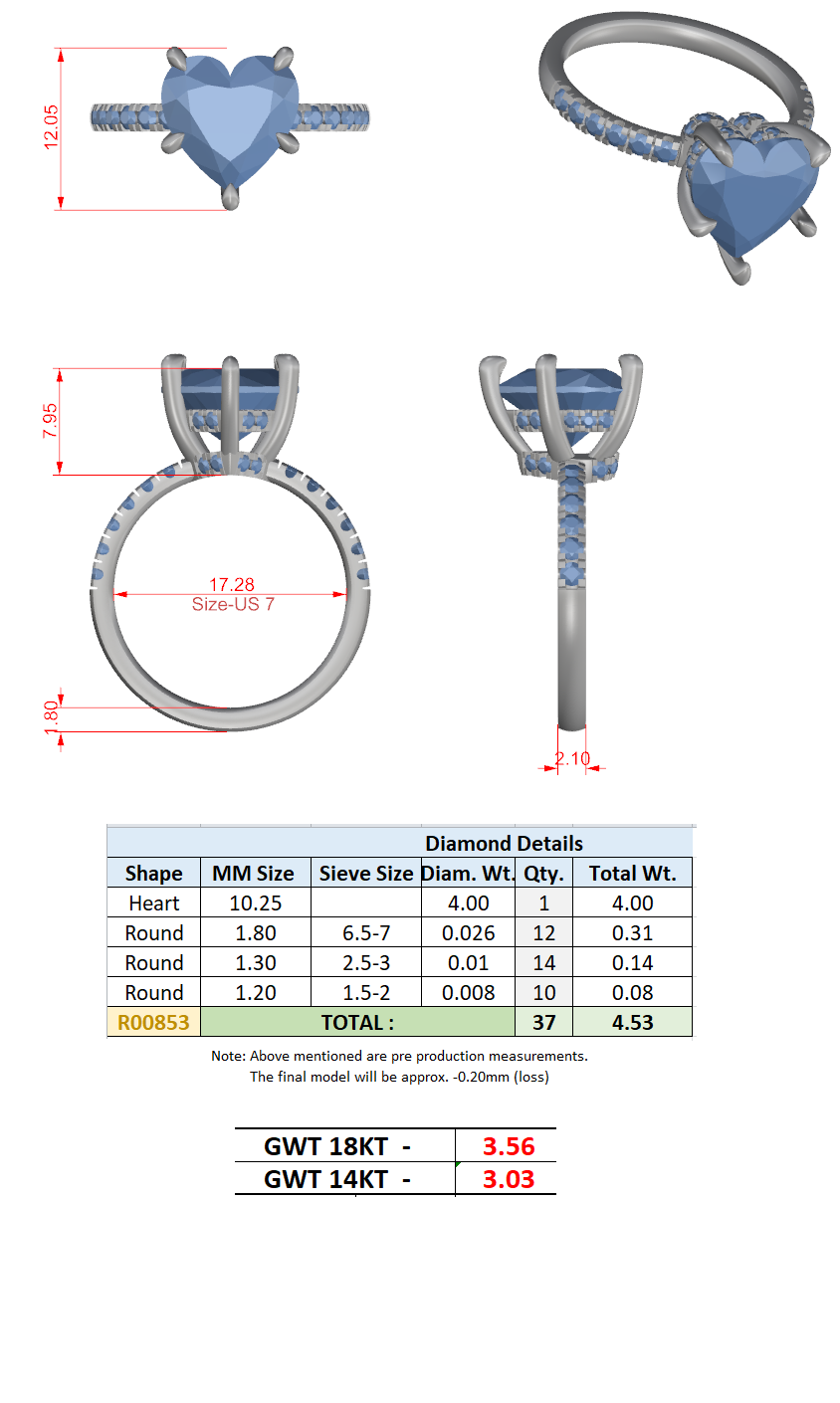 4.53 Ct. Classic Heart Shape Diamond Ring with Hidden Halo and Pavé Band Setting (DDLR-259-HR) 14